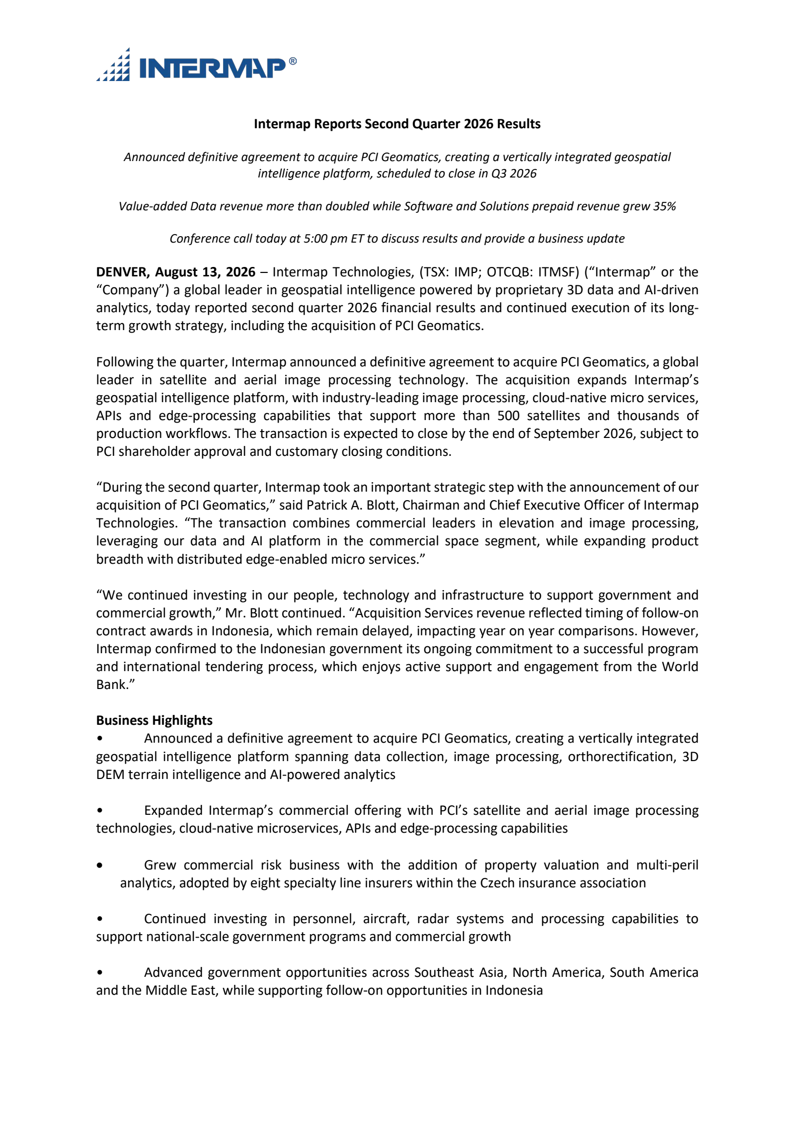 Intermap Technologies' Q2 2026 Press Release
