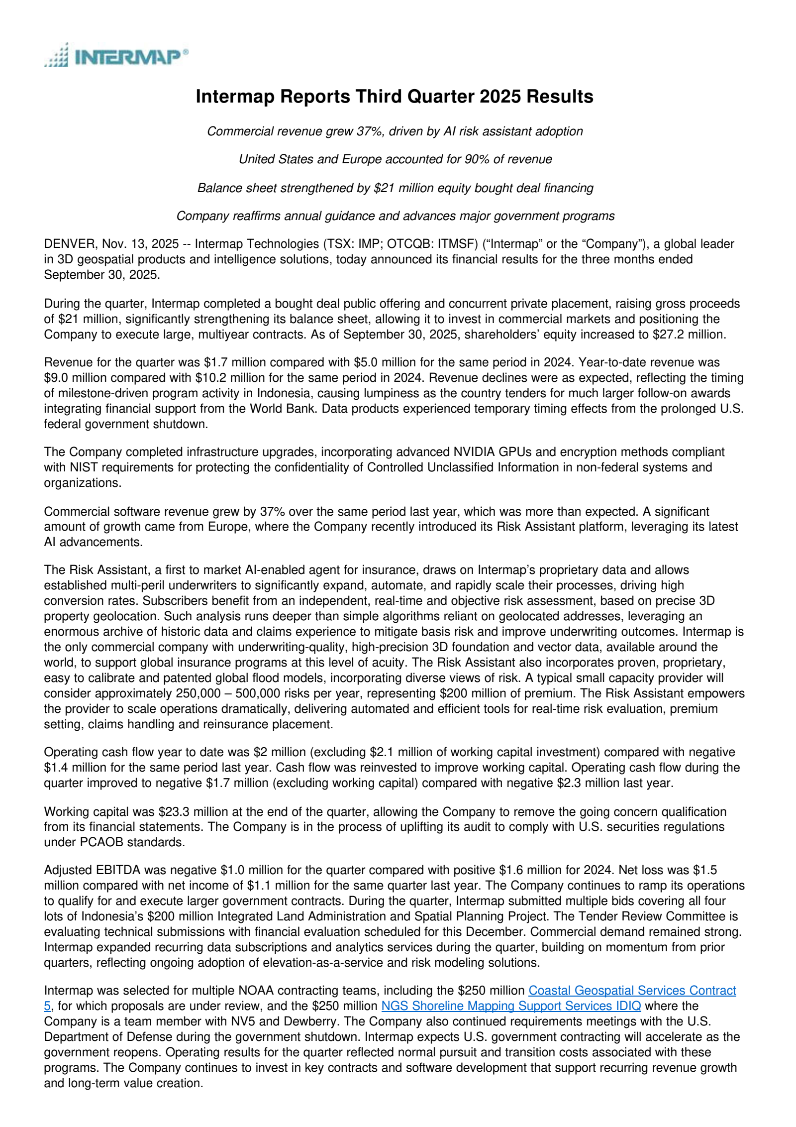 Intermap Technologies' Q3 2025 Earnings Release