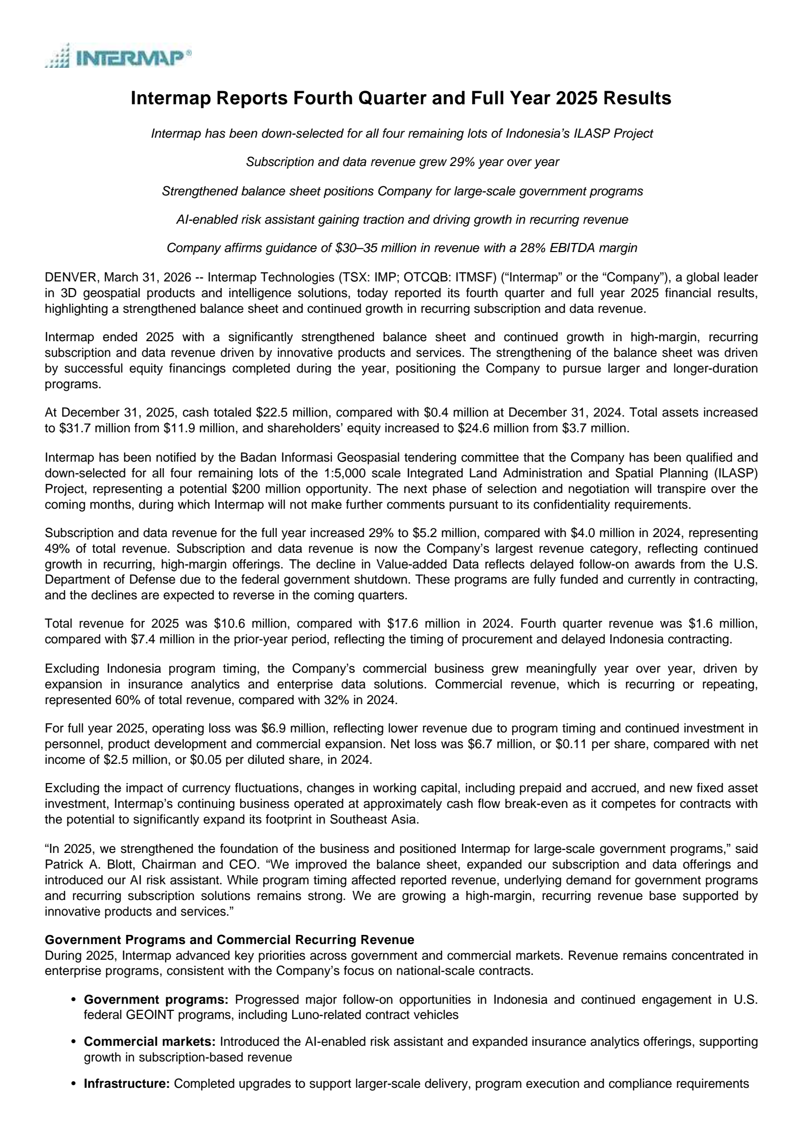 Intermap Technologies' Q4 2025 Press Release
