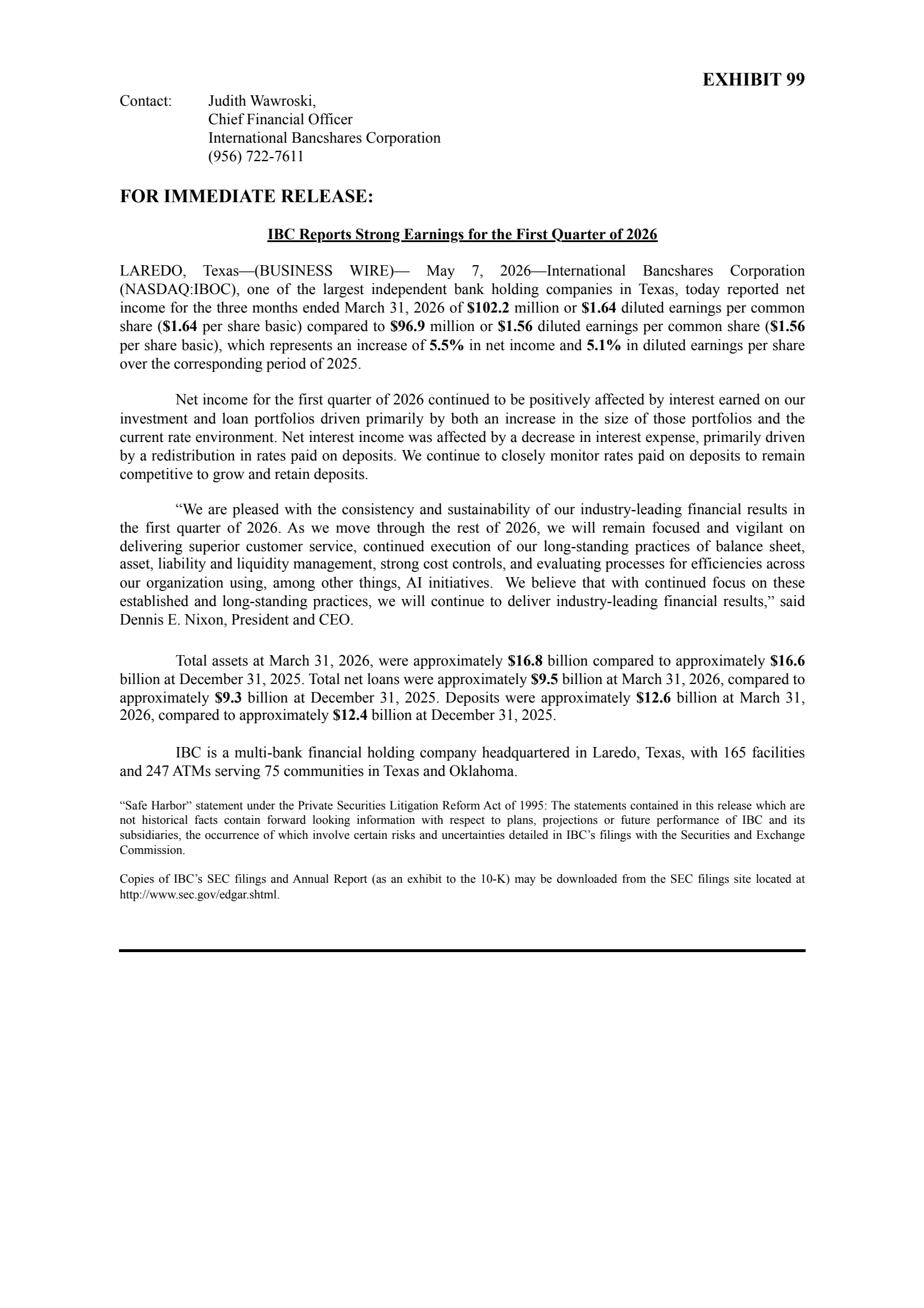 International Bancshares' Q1 2026 Press Release