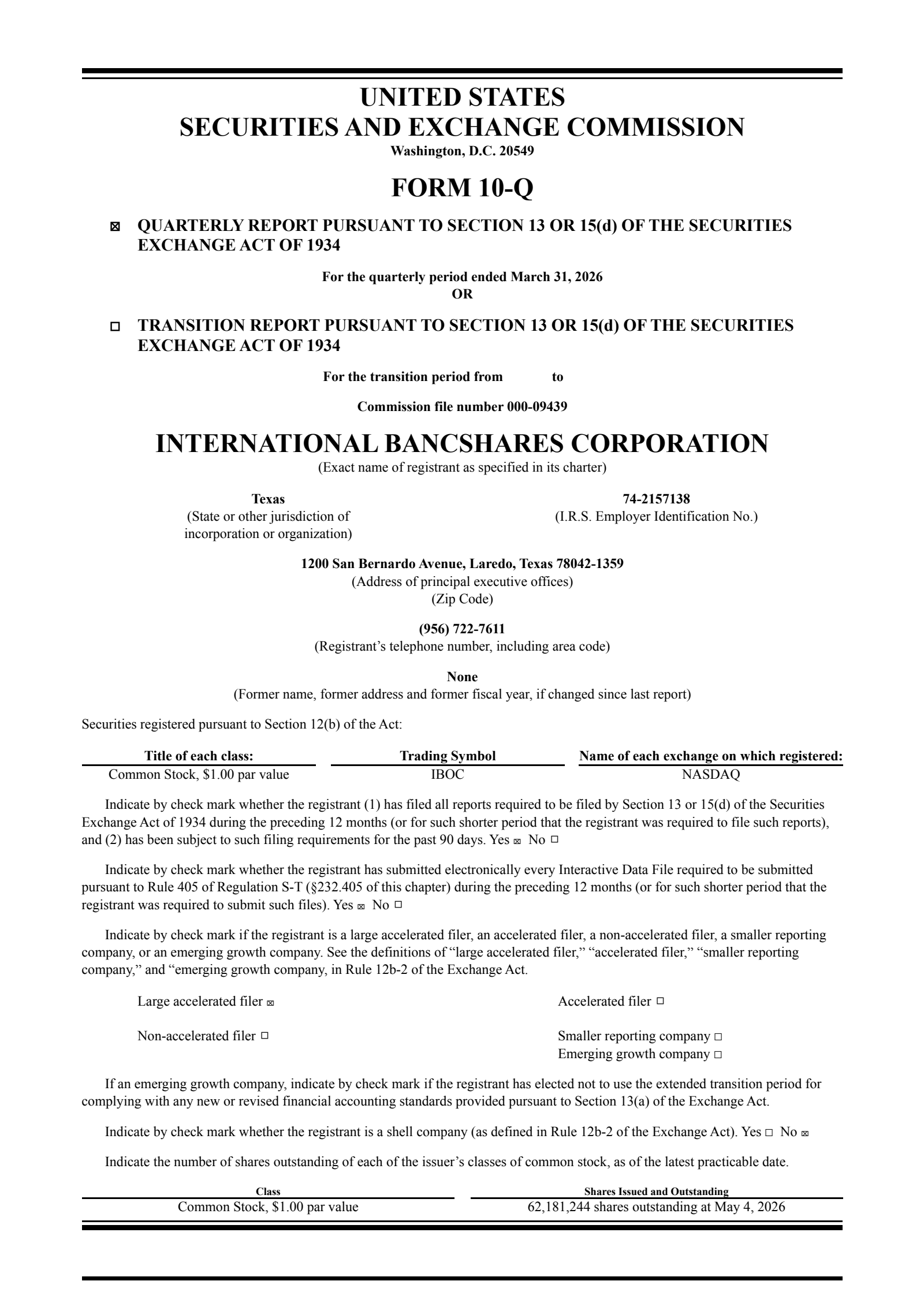 International Bancshares' Q1 2026 Quarterly report