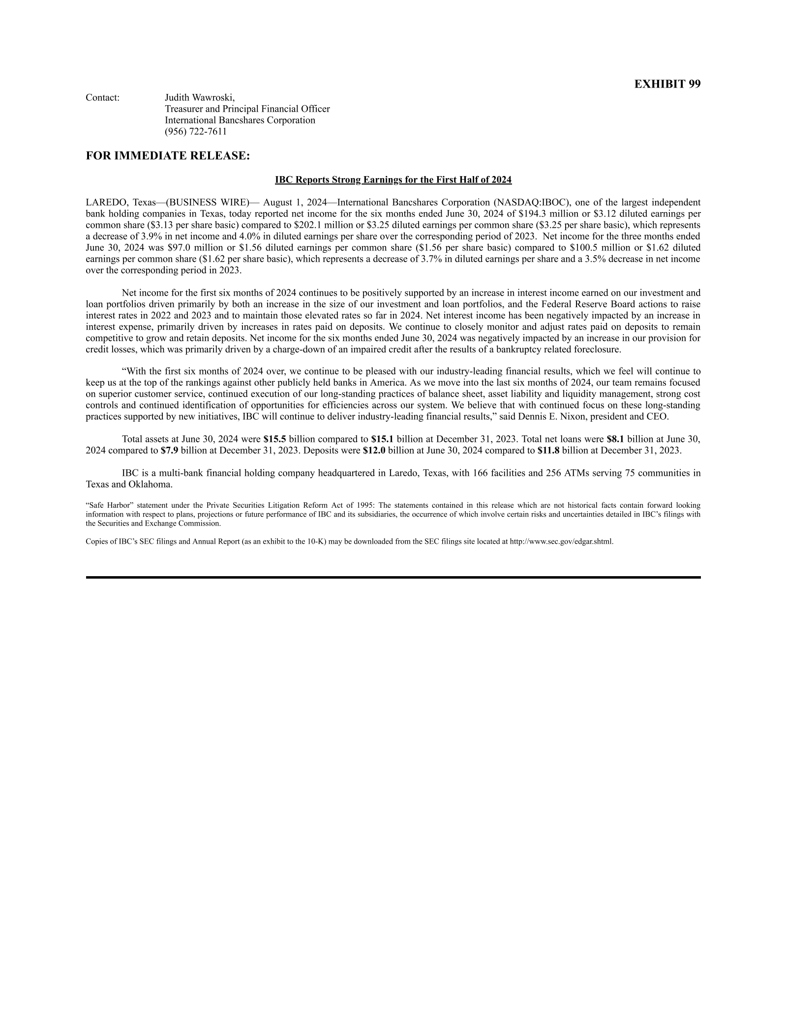 International Bancshares' Q2 2024 Press Release