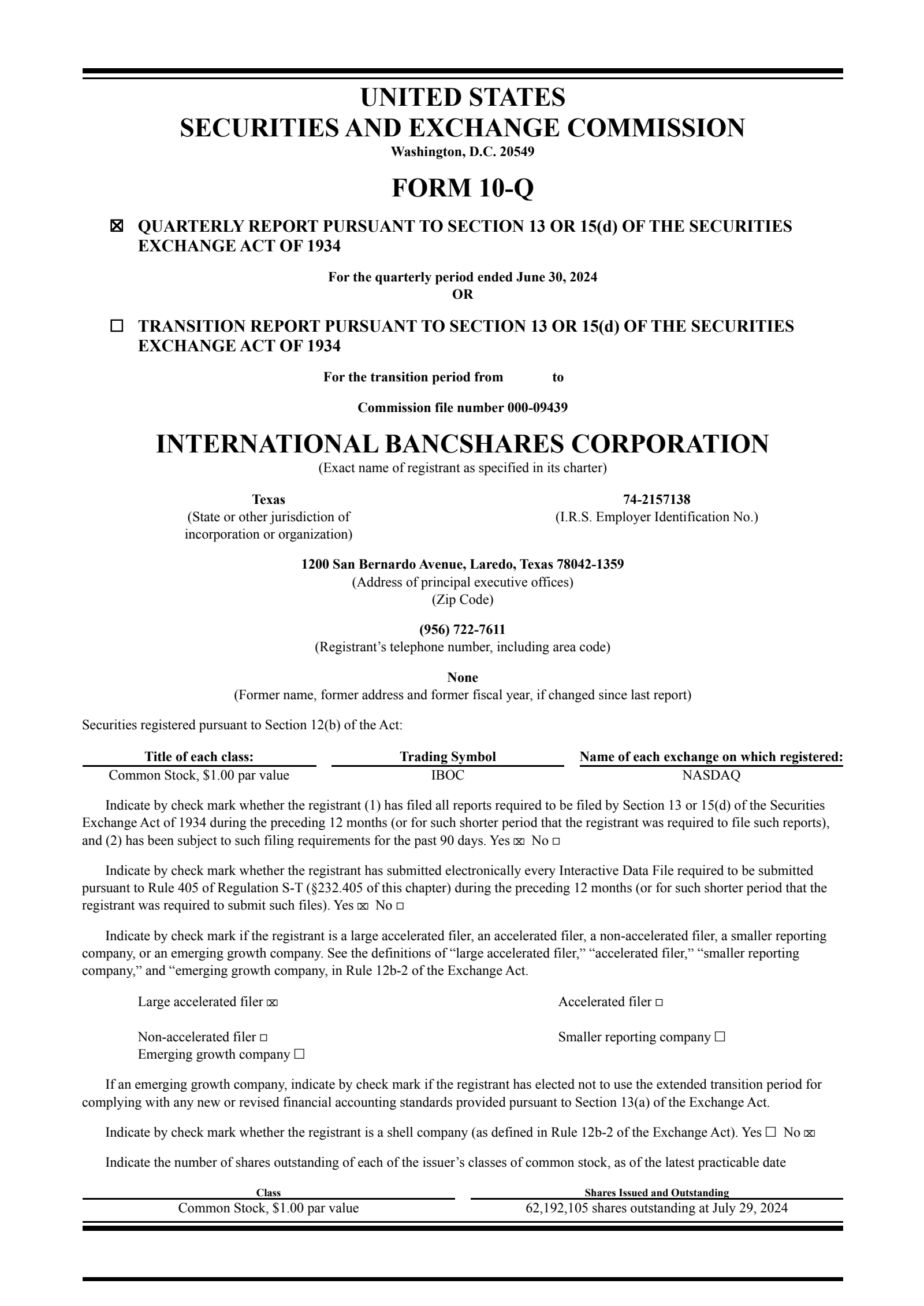 International Bancshares' Q2 2024 Quarterly report