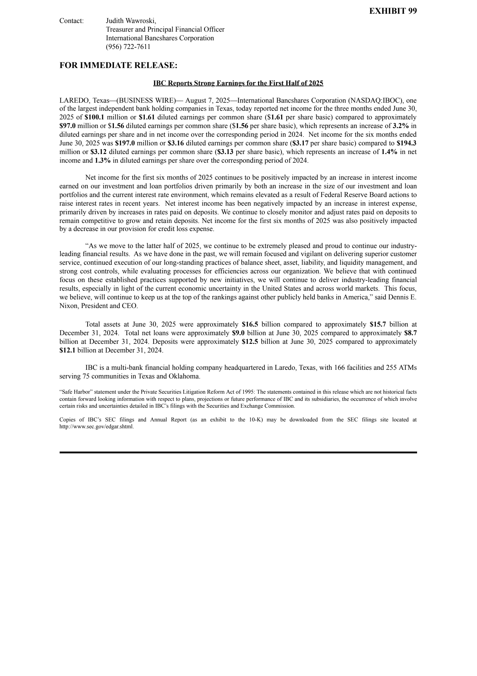International Bancshares' Q2 2025 Press Release