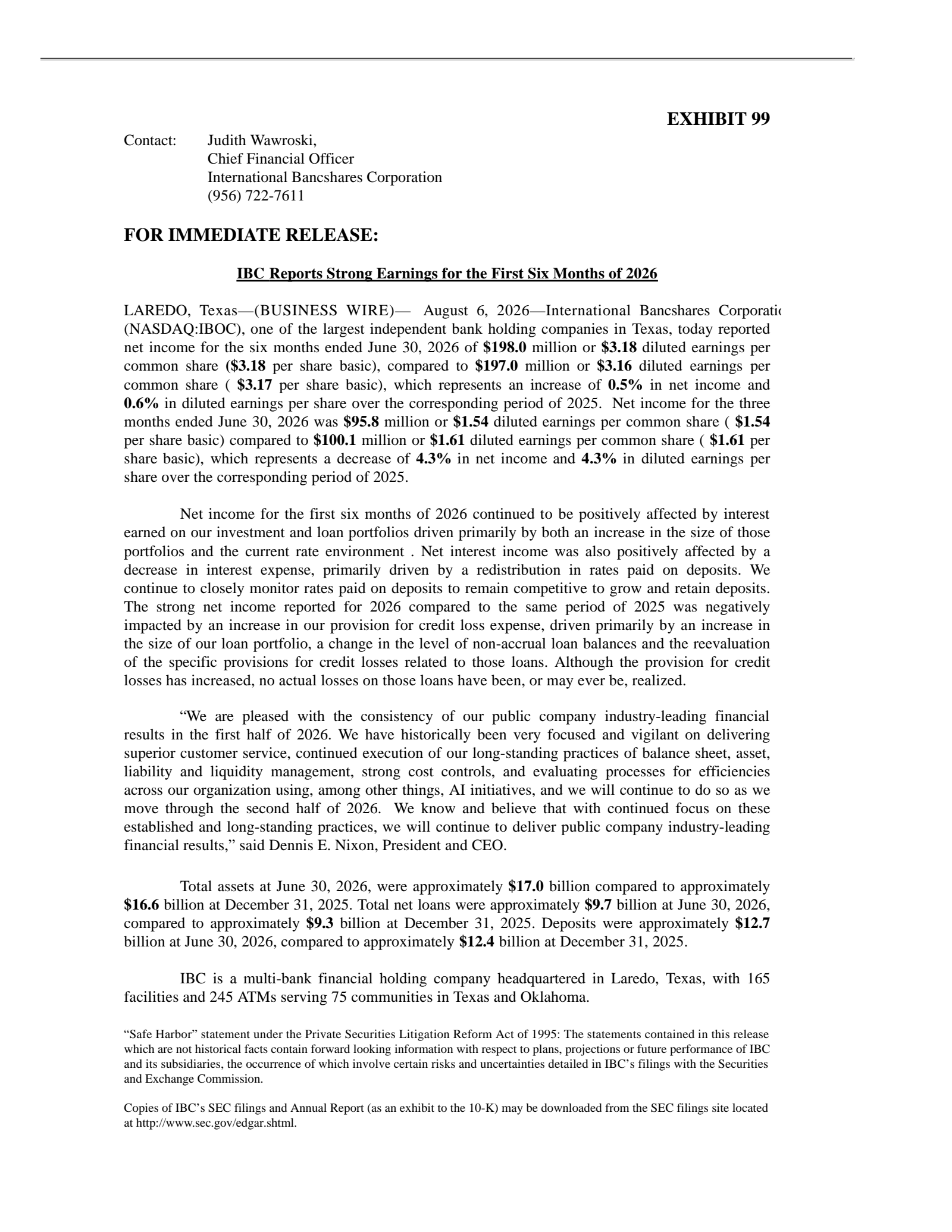 International Bancshares' Q2 2026 Press Release