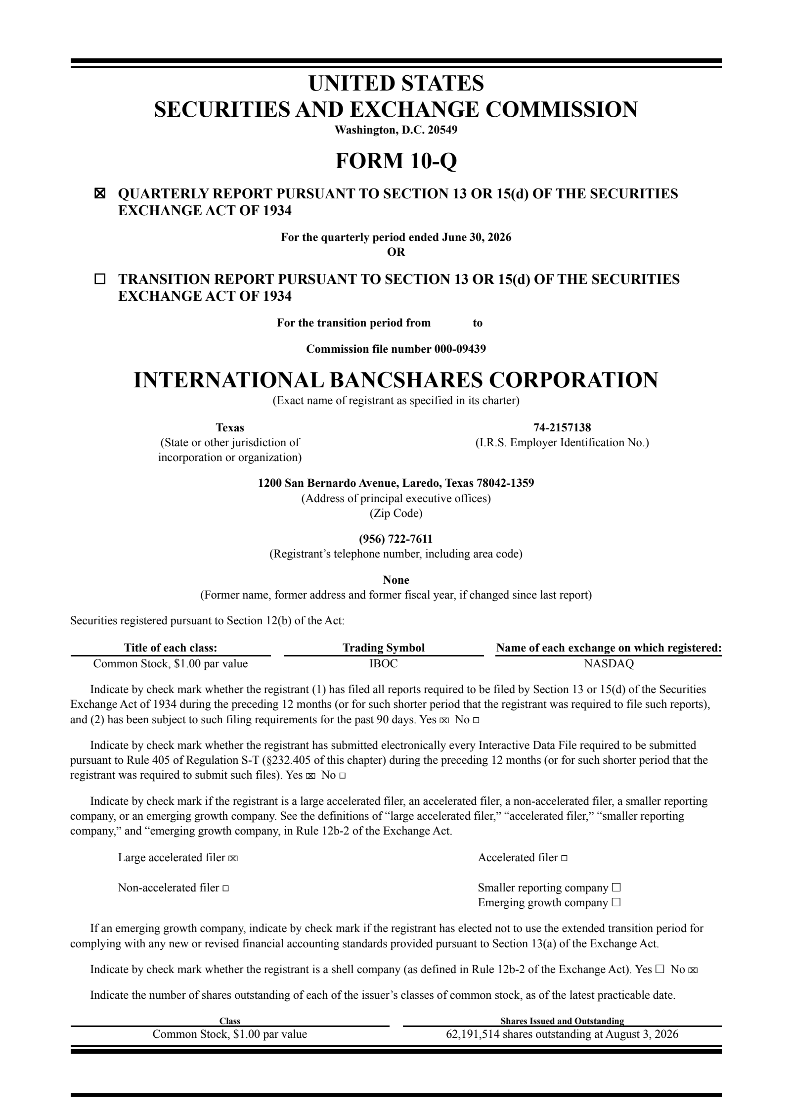 International Bancshares' Q2 2026 Quarterly report