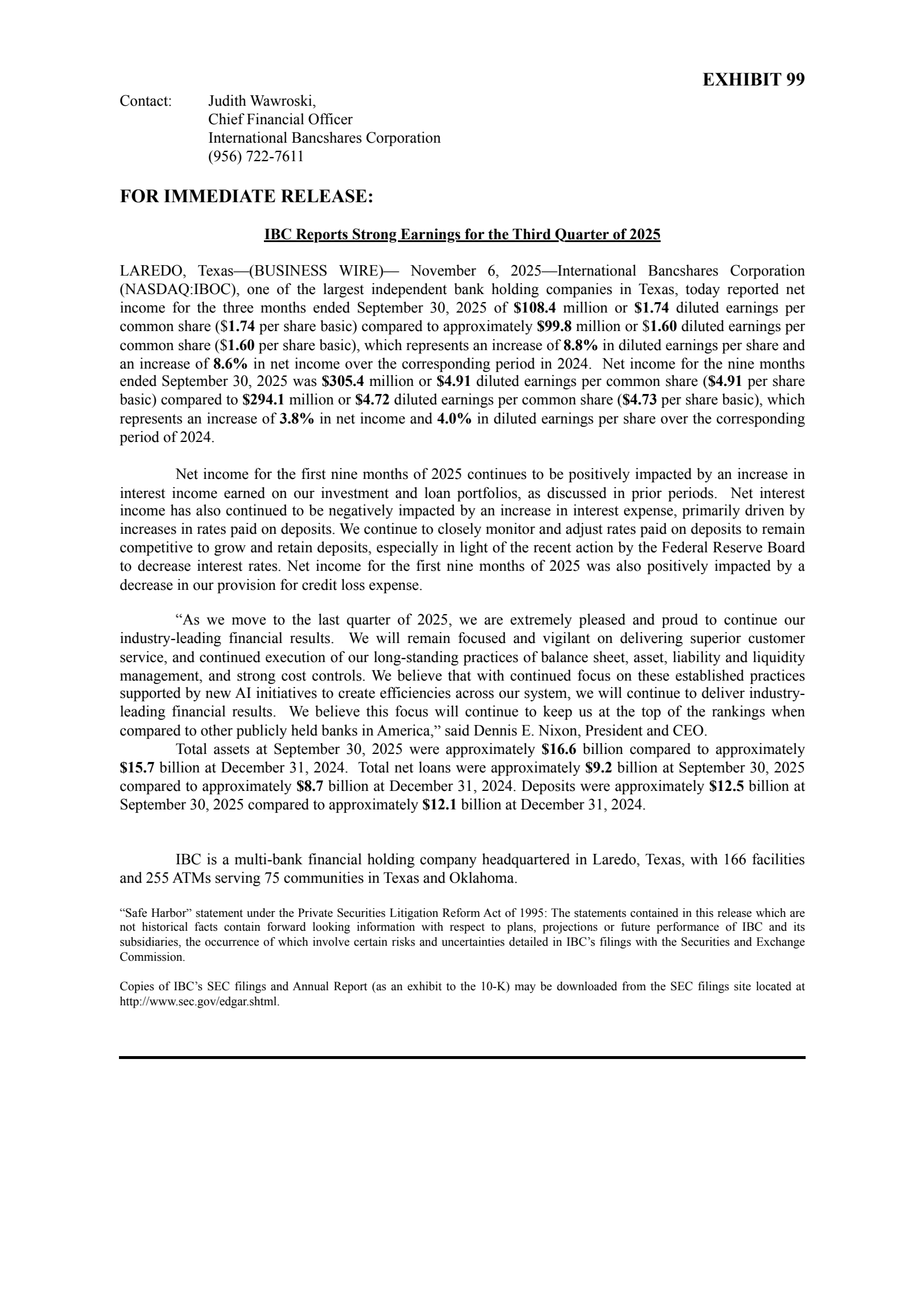 International Bancshares' Q3 2025 Earnings Release