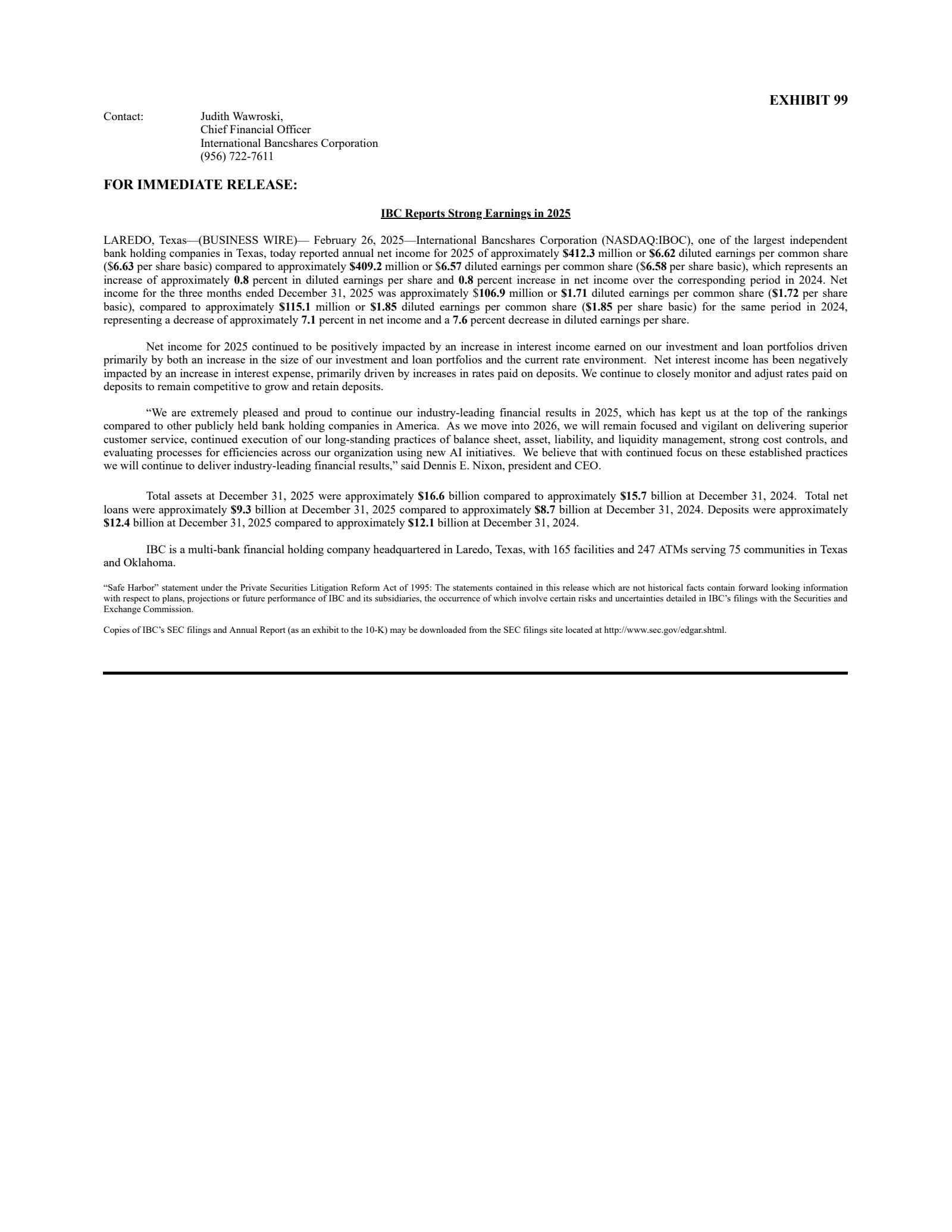 International Bancshares' Q4 2025 Press Release