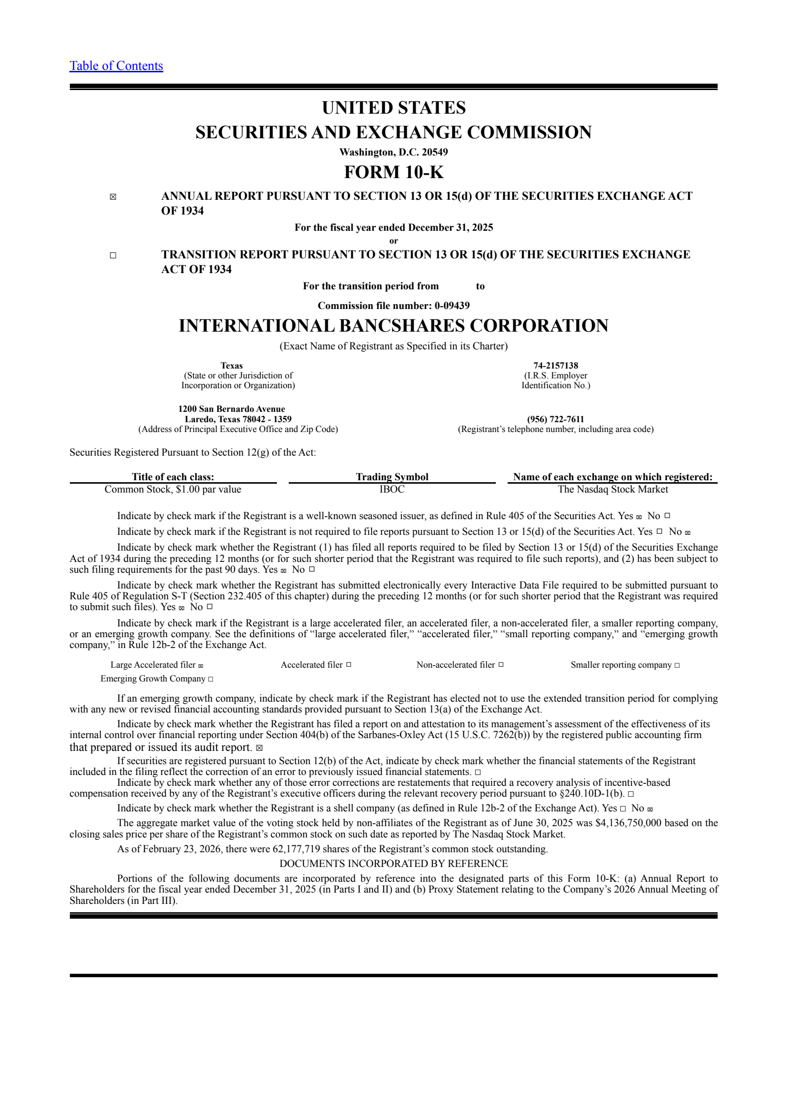 International Bancshares' Q4 2025 Annual report
