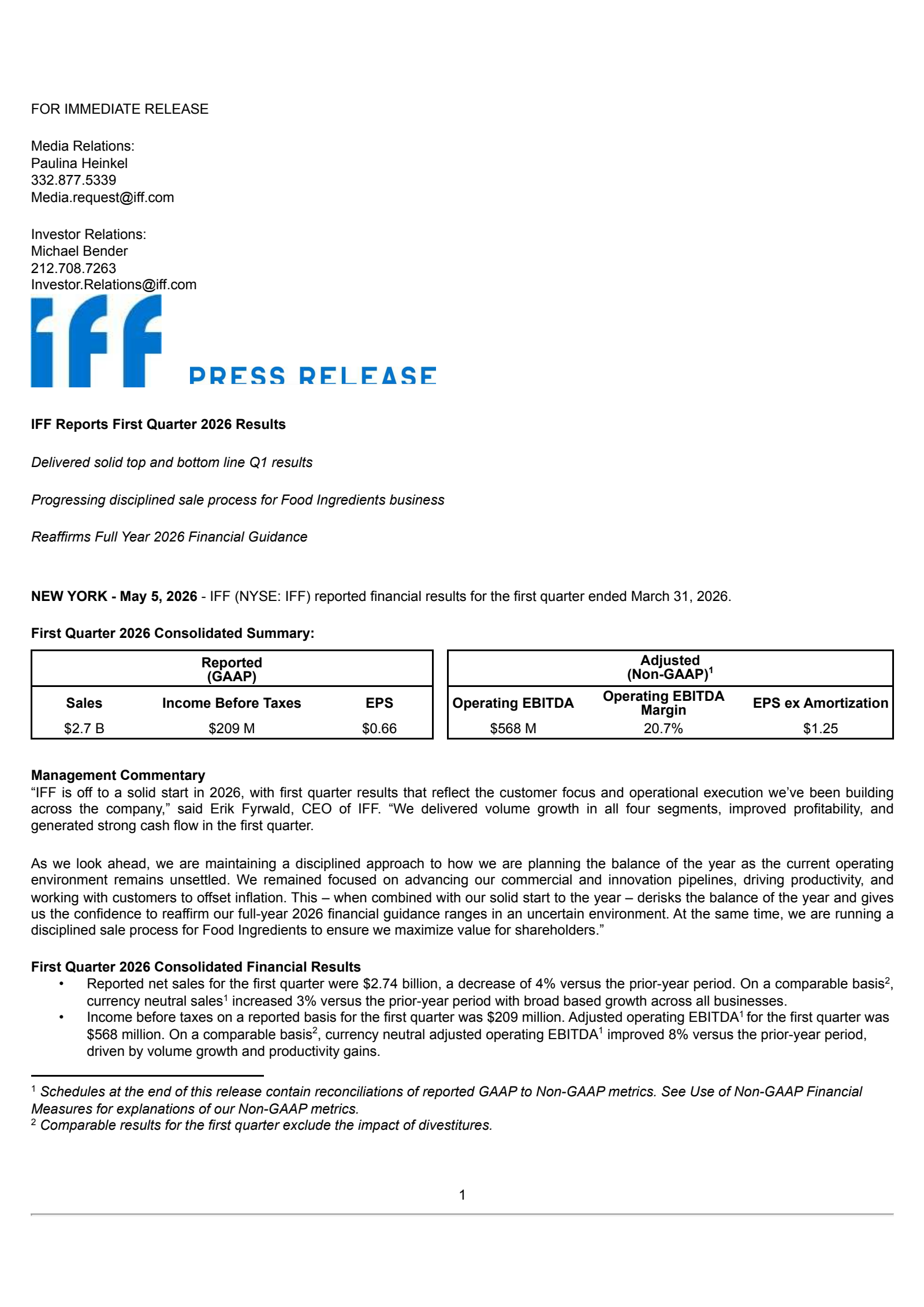 International Flavors & Fragrances' Q1 2026 Press Release
