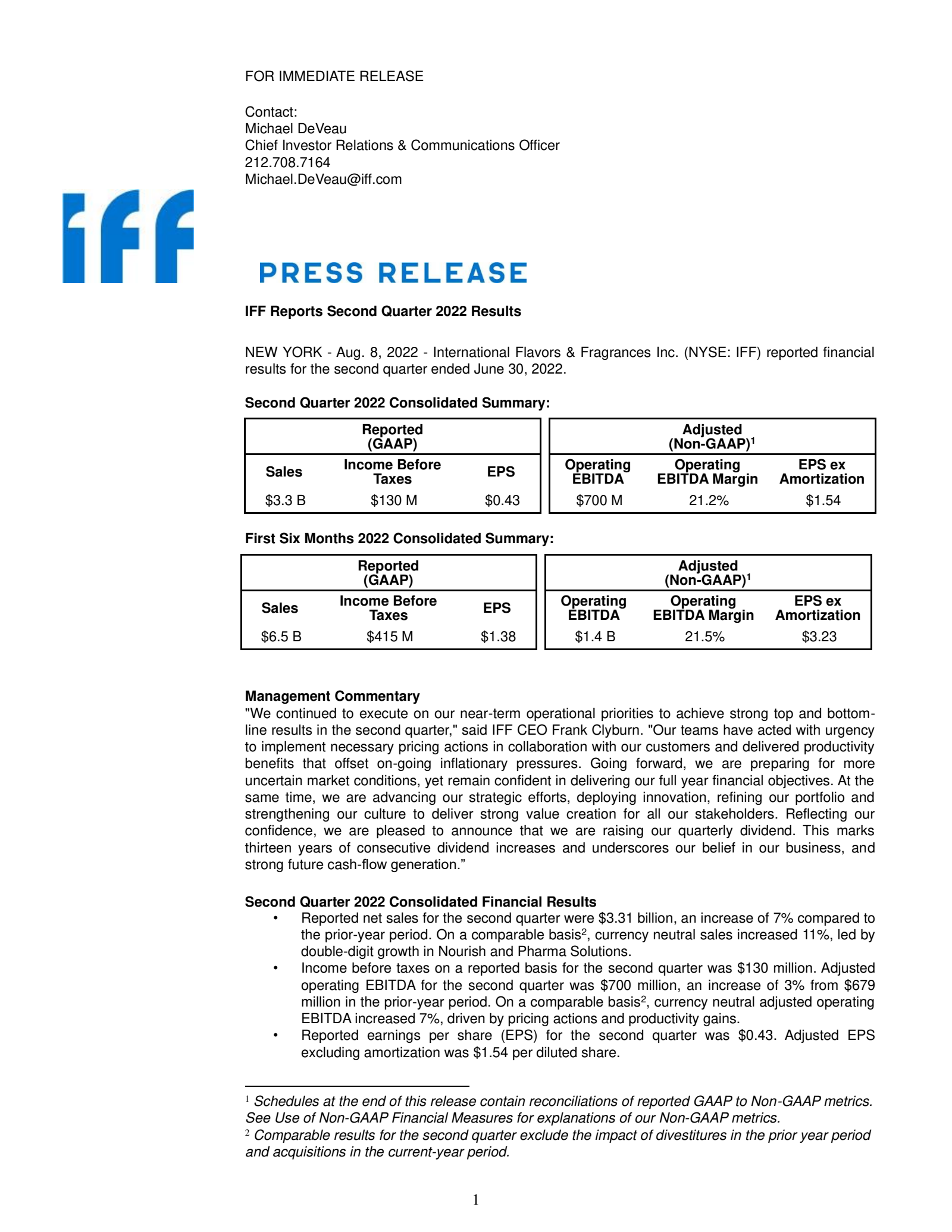 International Flavors & Fragrances' Q2 2022 Earnings Release