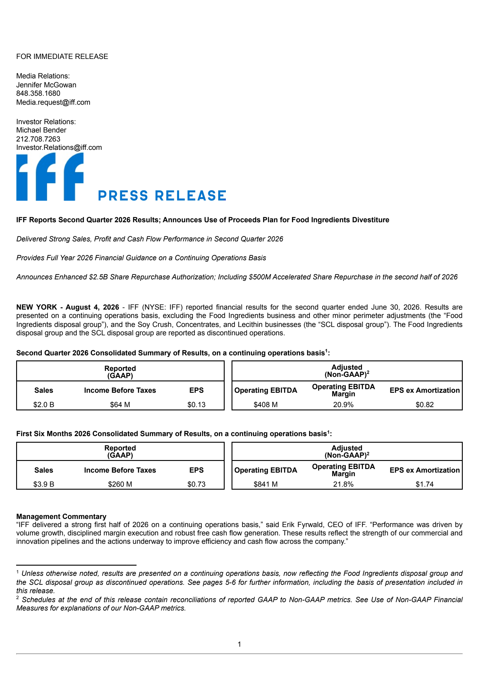 International Flavors & Fragrances' Q2 2026 Press Release