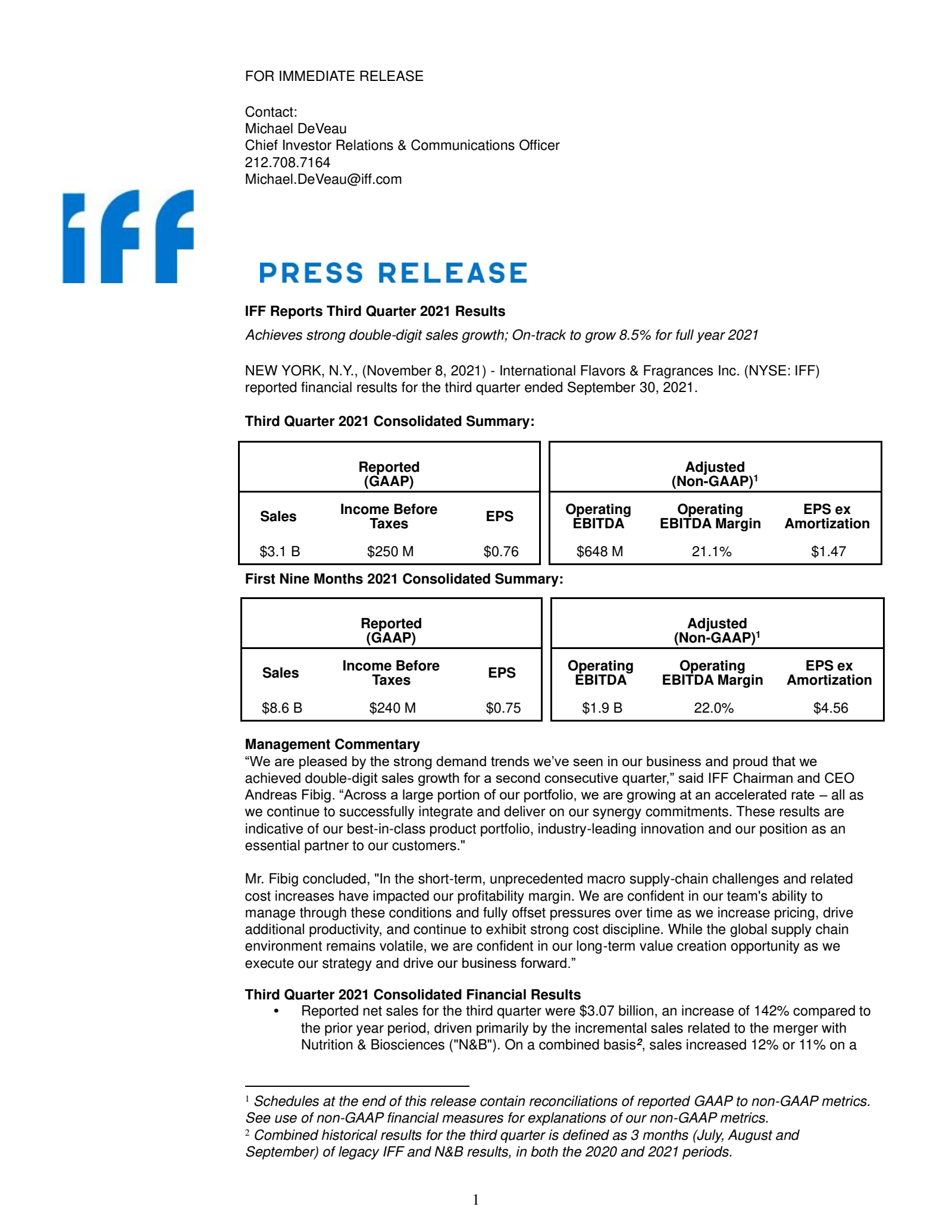 International Flavors & Fragrances' Q3 2021 Earnings Release