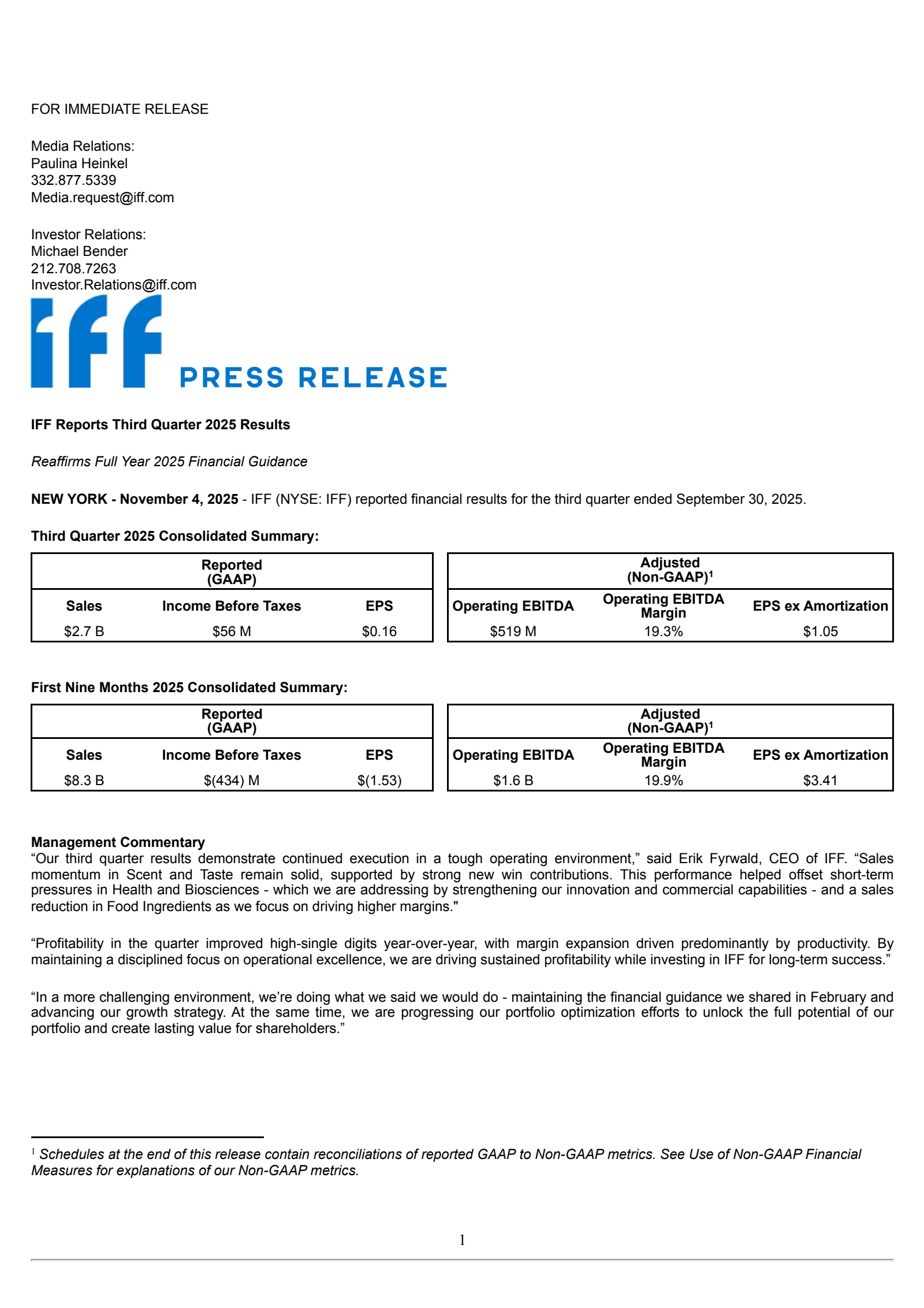 International Flavors & Fragrances' Q3 2025 Earnings Release