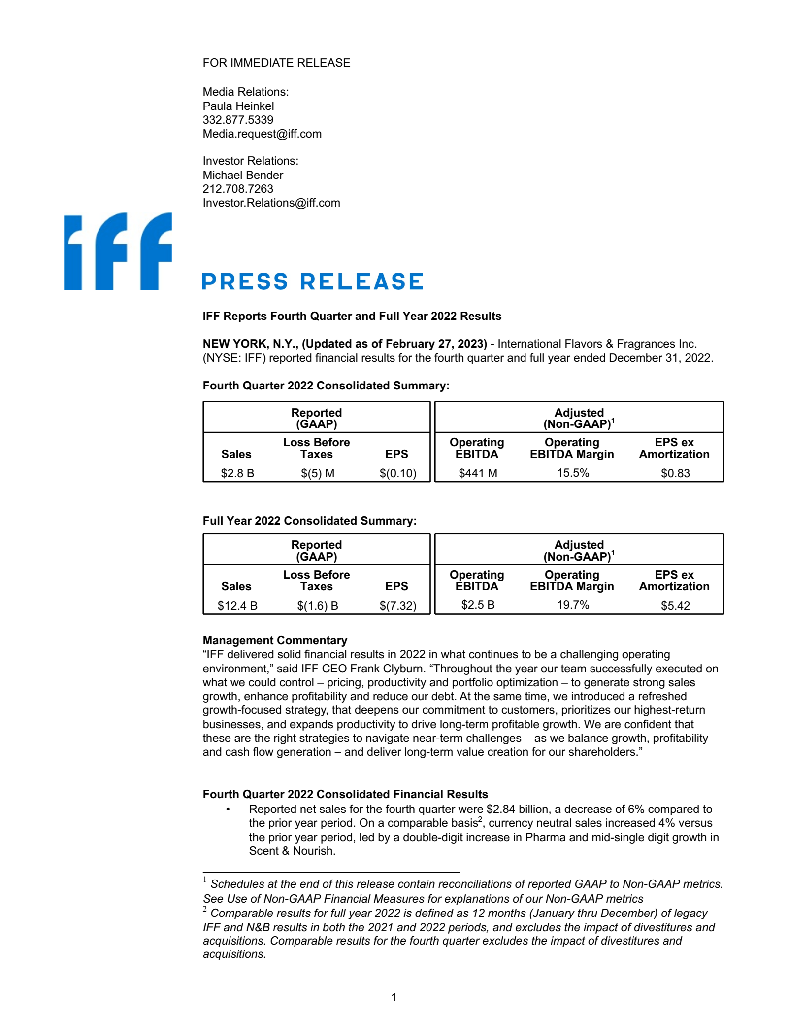 International Flavors & Fragrances' Q4 2022 Earnings Release