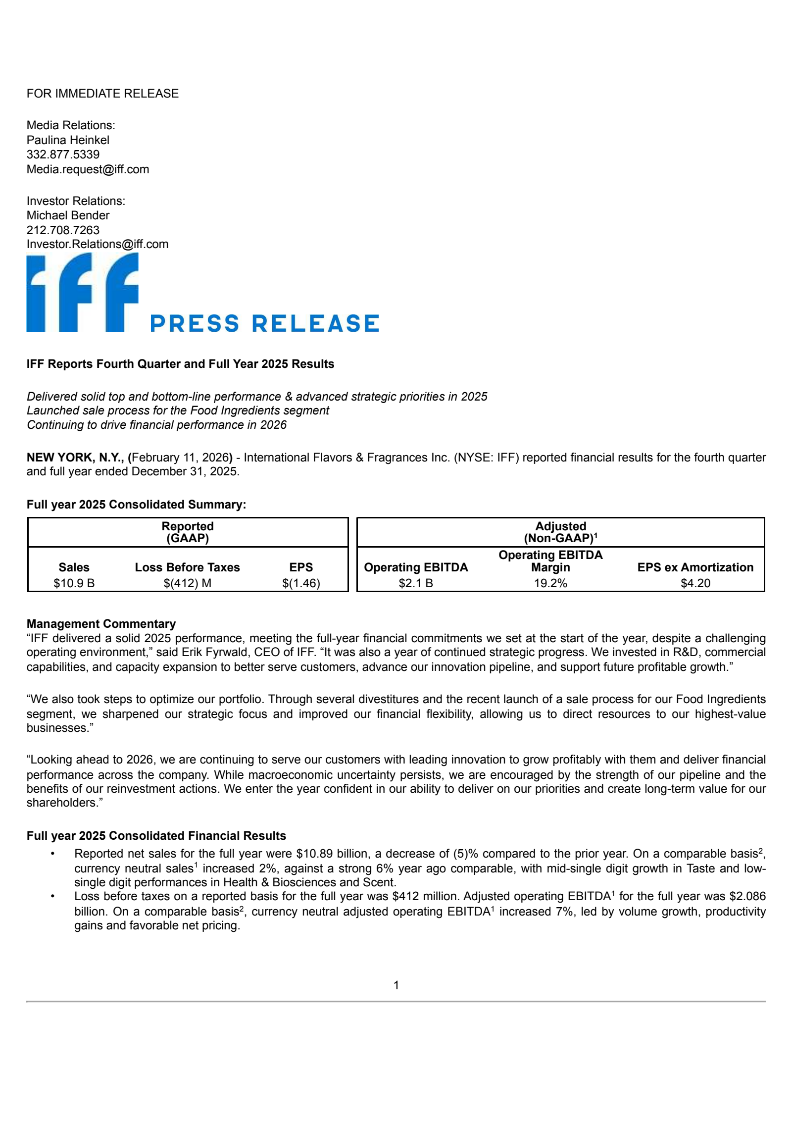 International Flavors & Fragrances' Q4 2025 Press Release