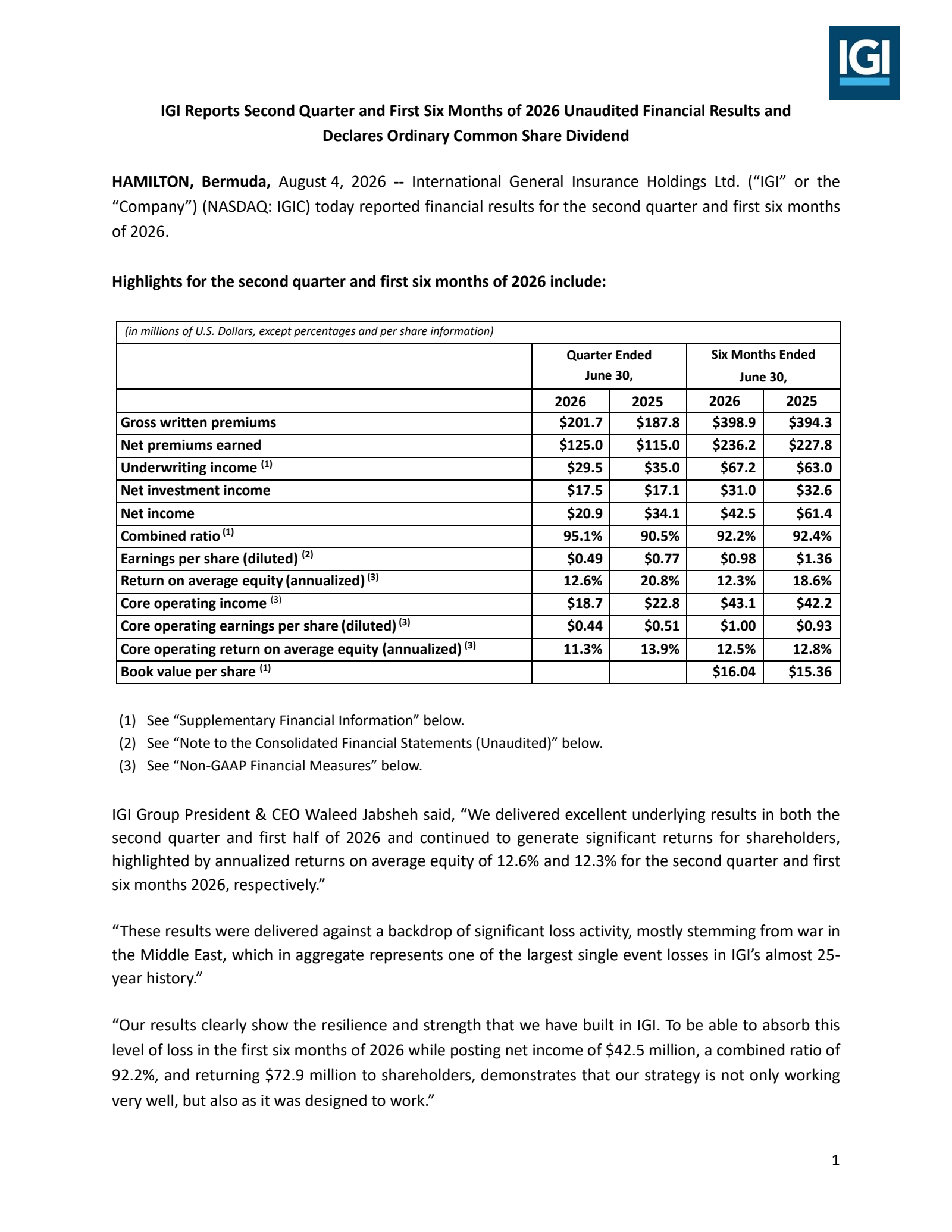International General Insurance's Q2 2026 Press Release