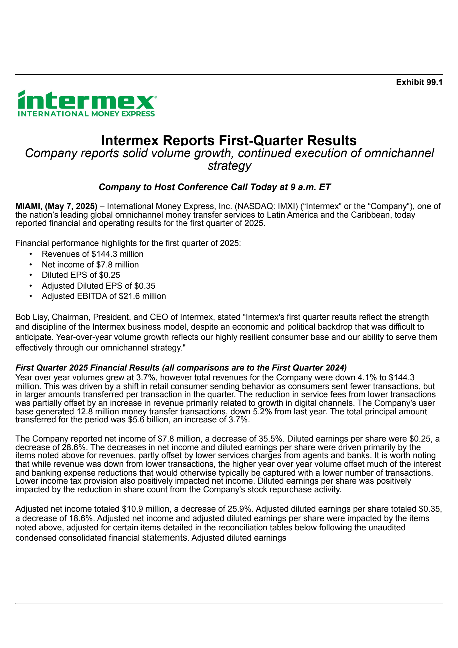 International Money Express' Q1 2025 Press Release