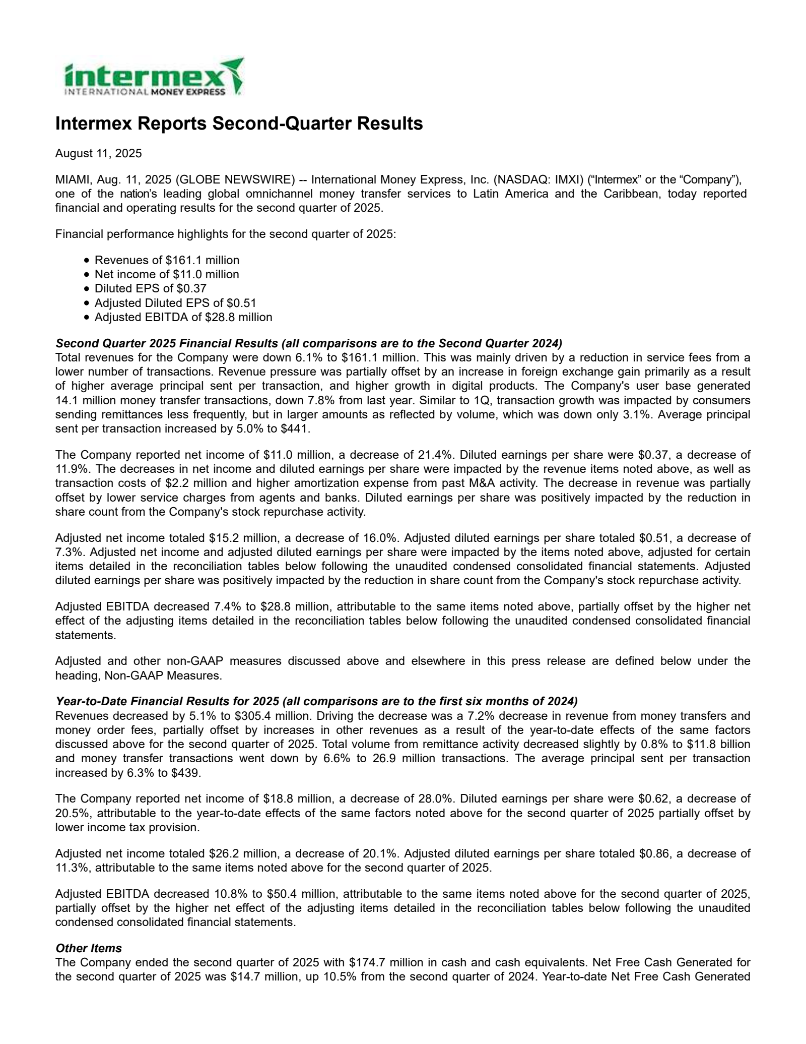 International Money Express' Q2 2026 Press Release