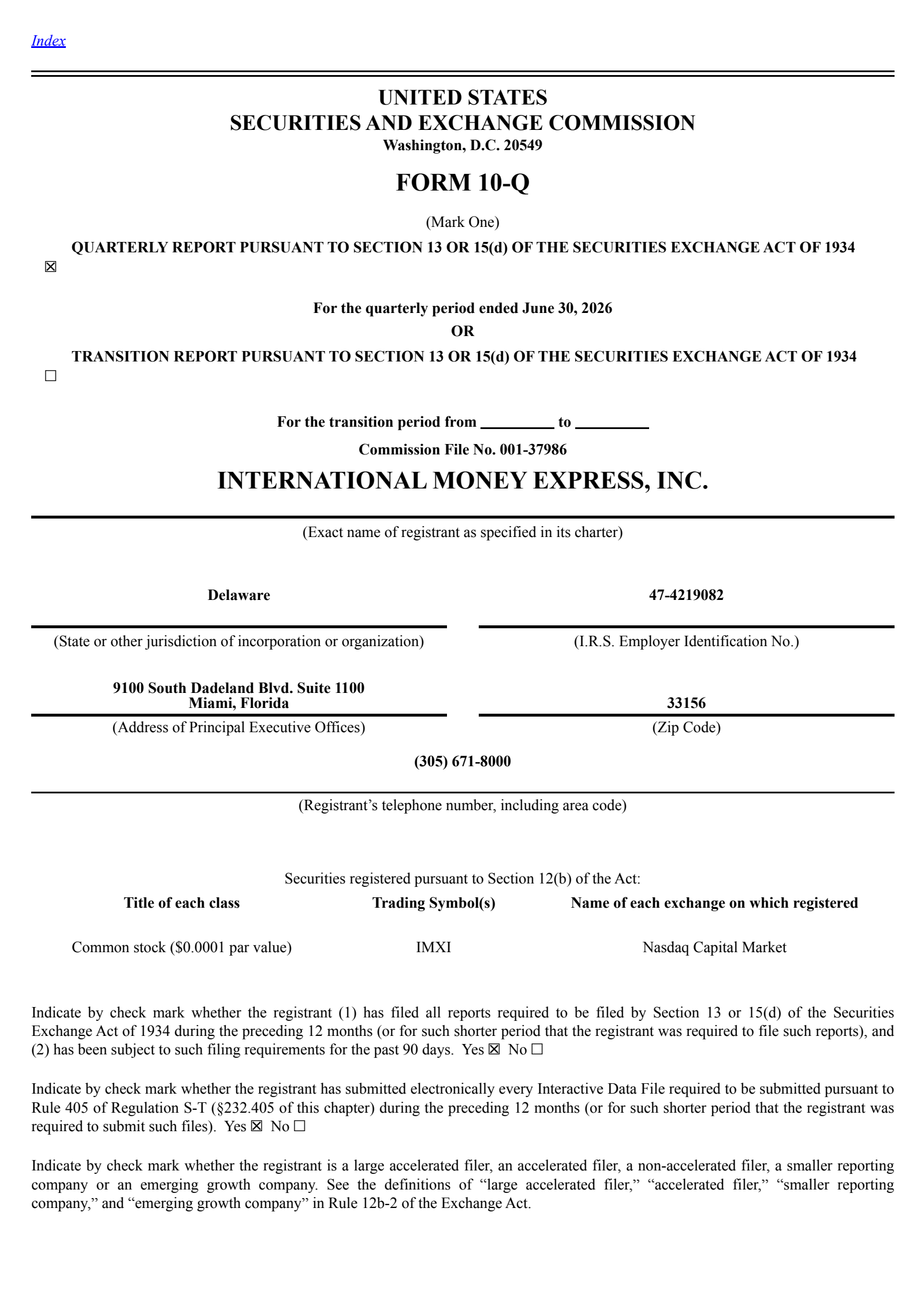 International Money Express' Q2 2026 Quarterly report