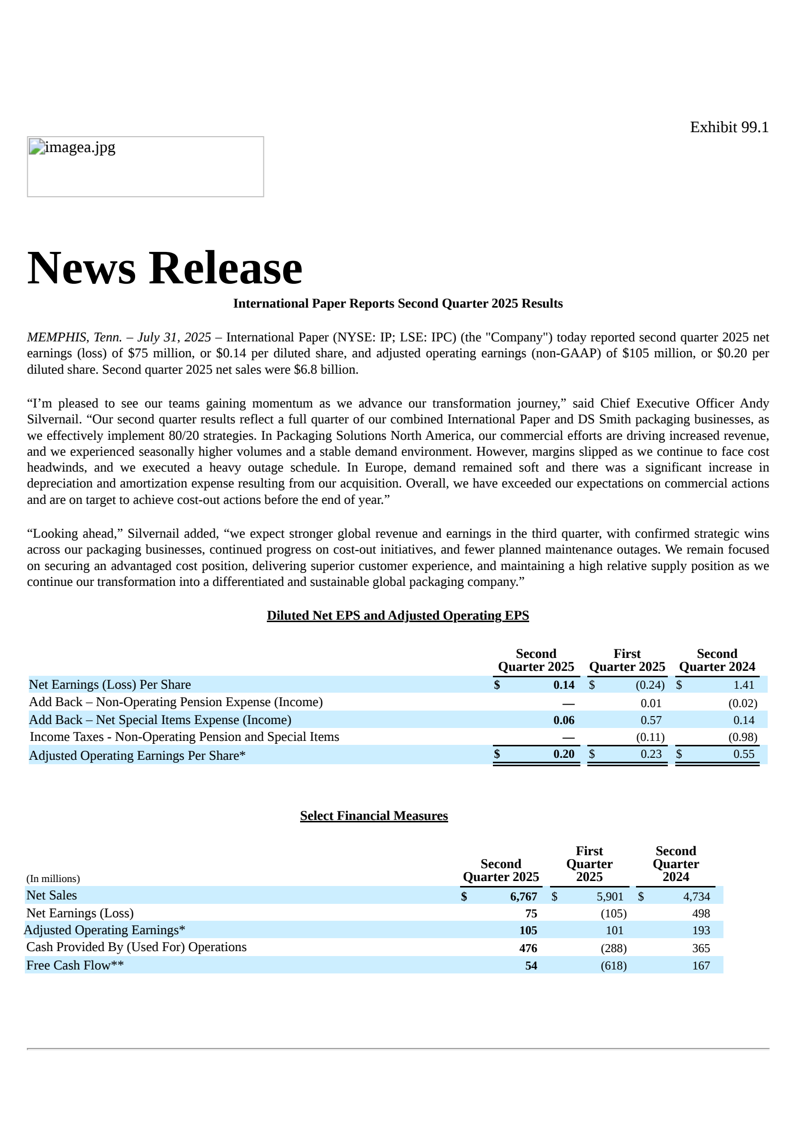 International Paper's Q2 2025 Press Release