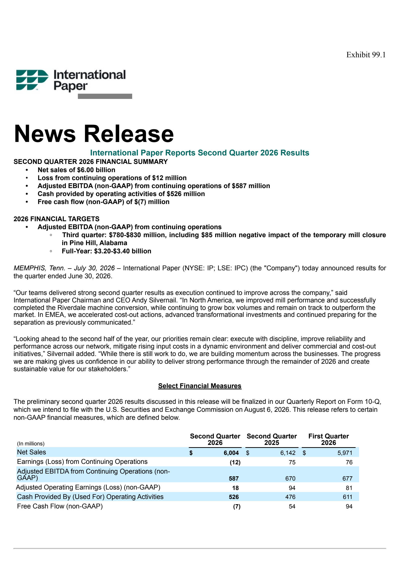 International Paper's Q2 2026 Press Release