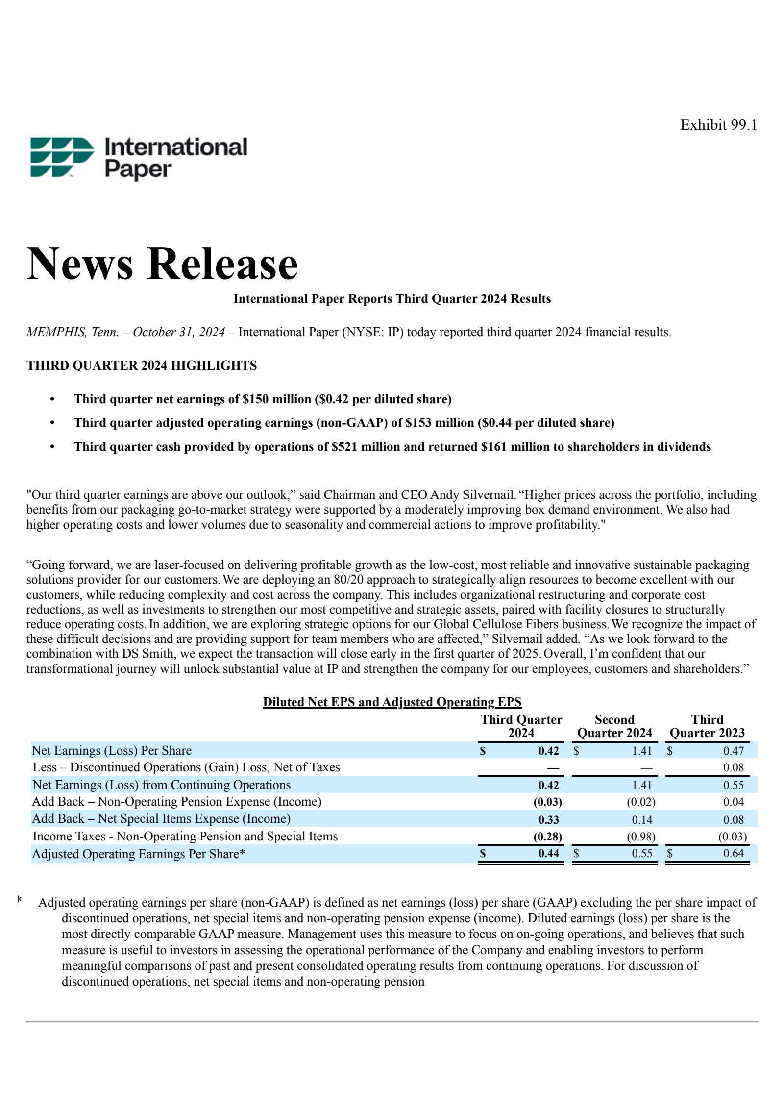 International Paper's Q3 2024 Press Release