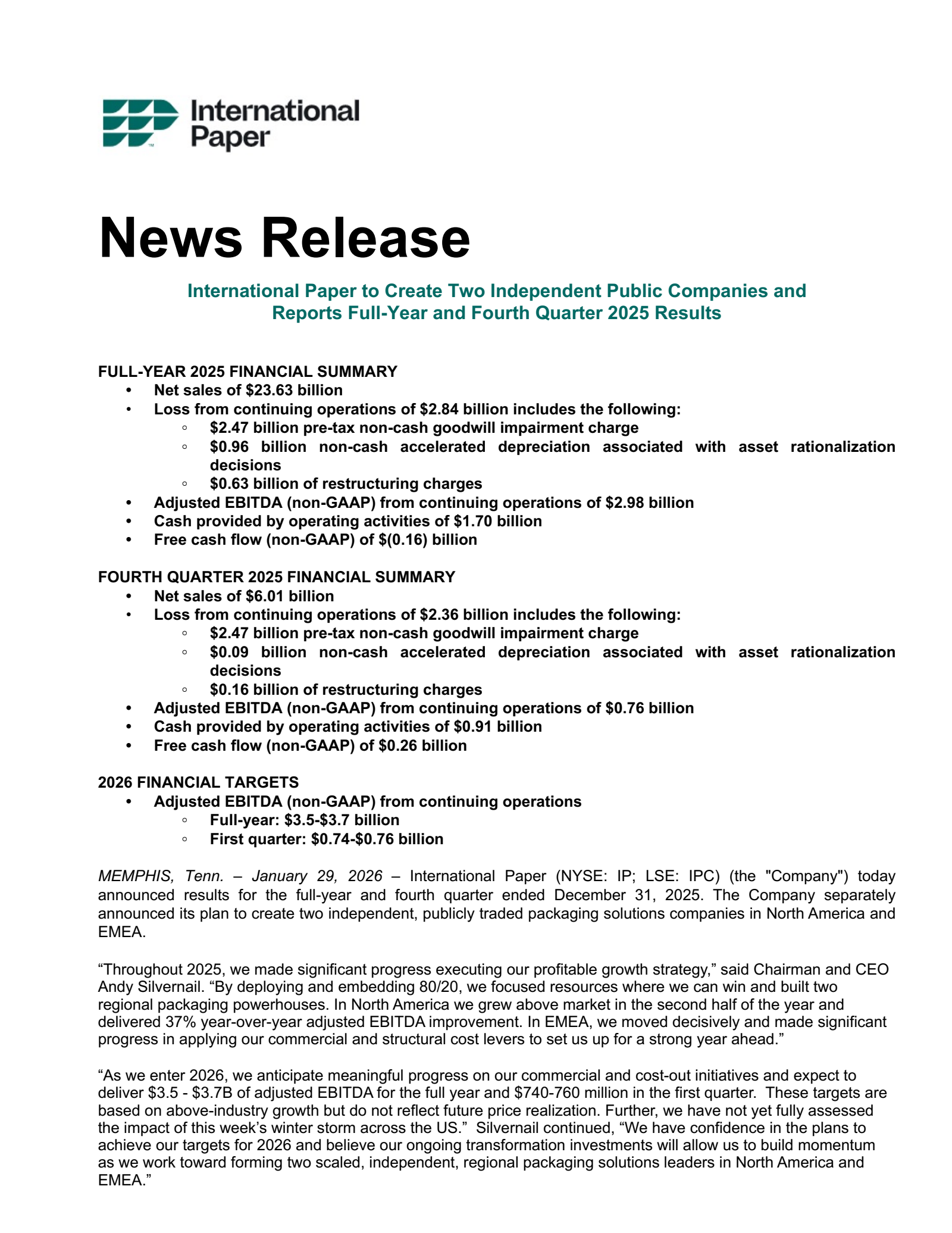 International Paper's Q4 2025 Press Release