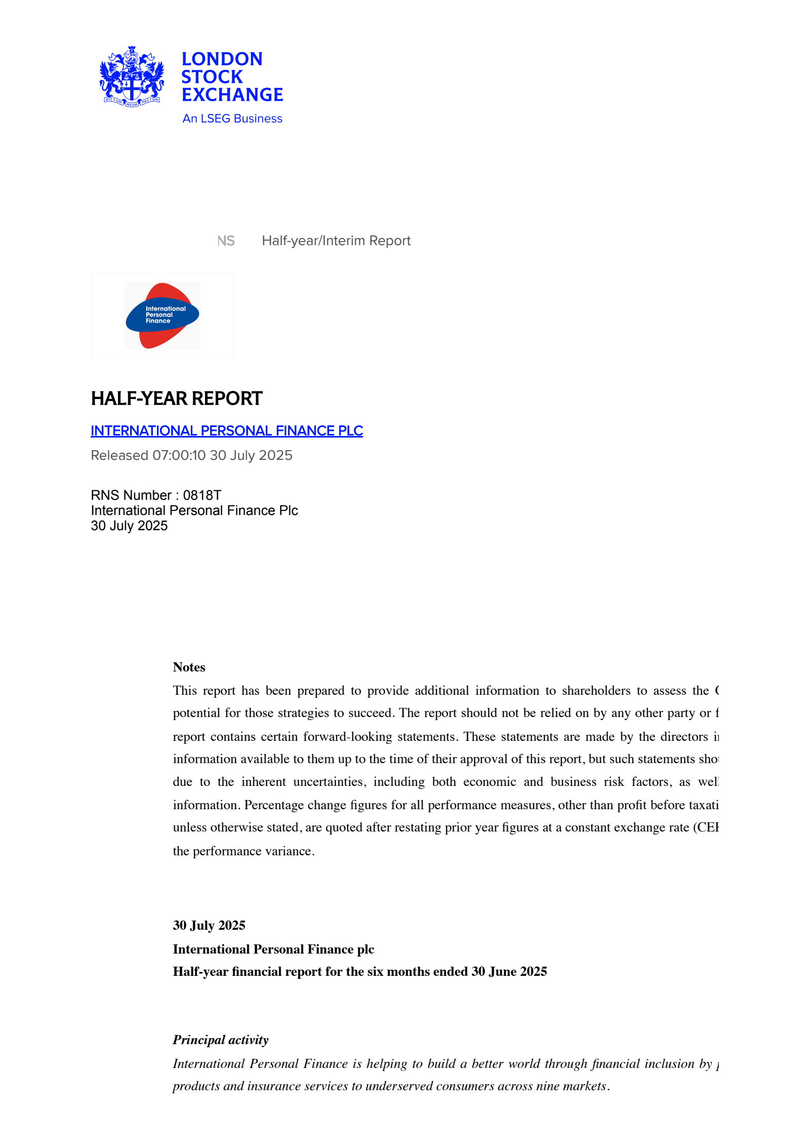 International Personal Finance's H1 2025 Interim report