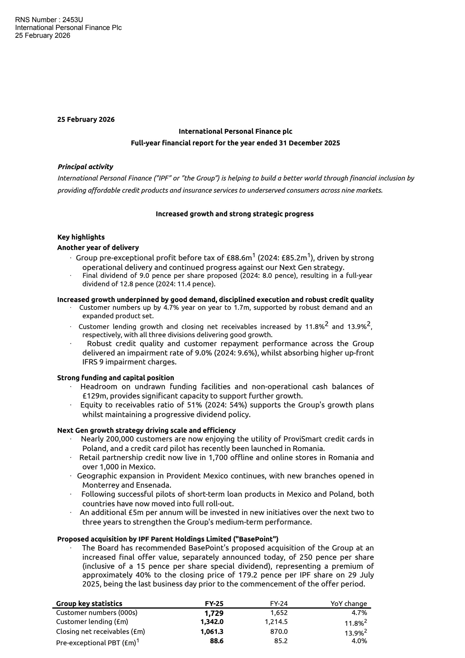International Personal Finance's H2 2025 Interim report