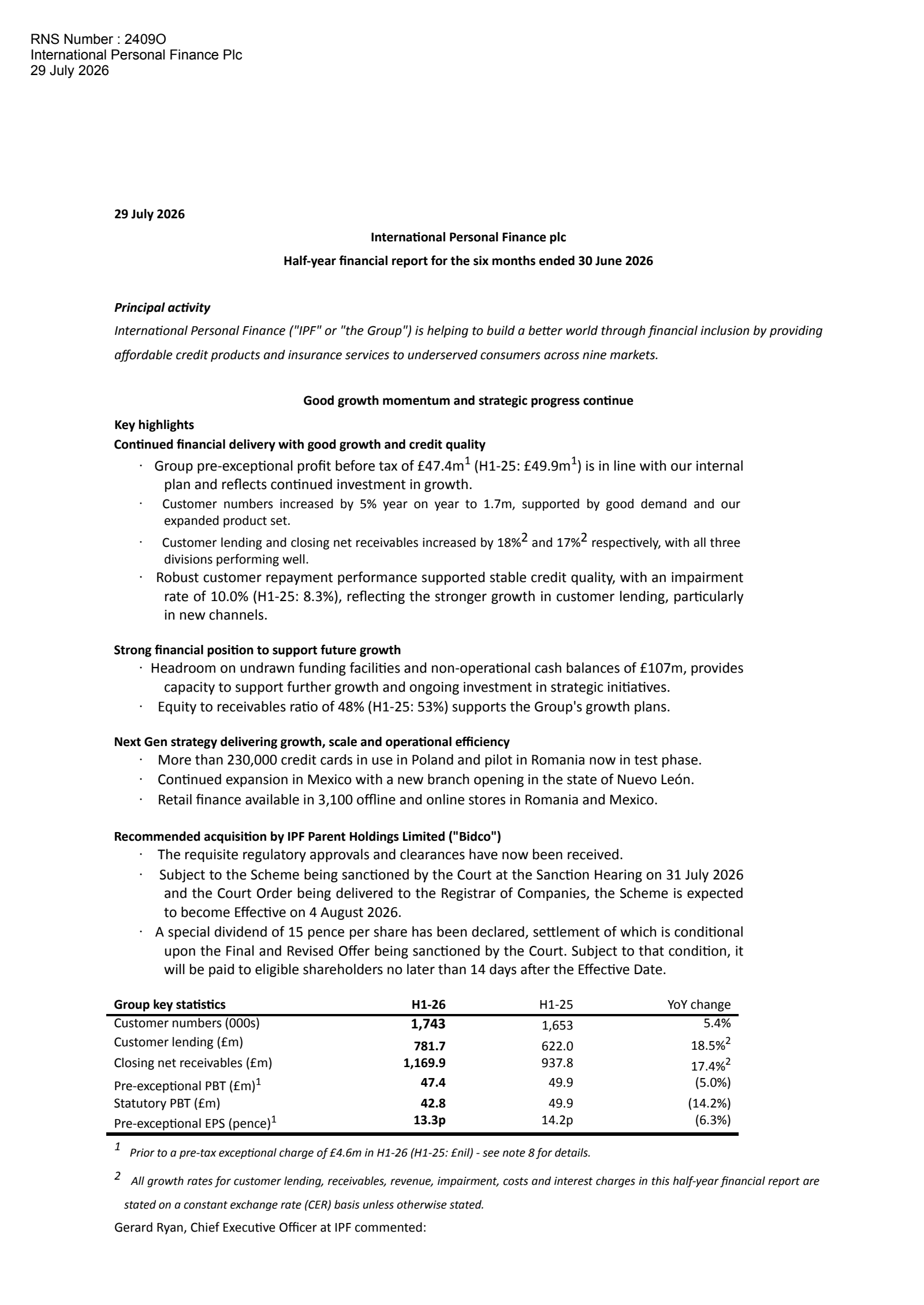 International Personal Finance's Q2 2026 Interim report