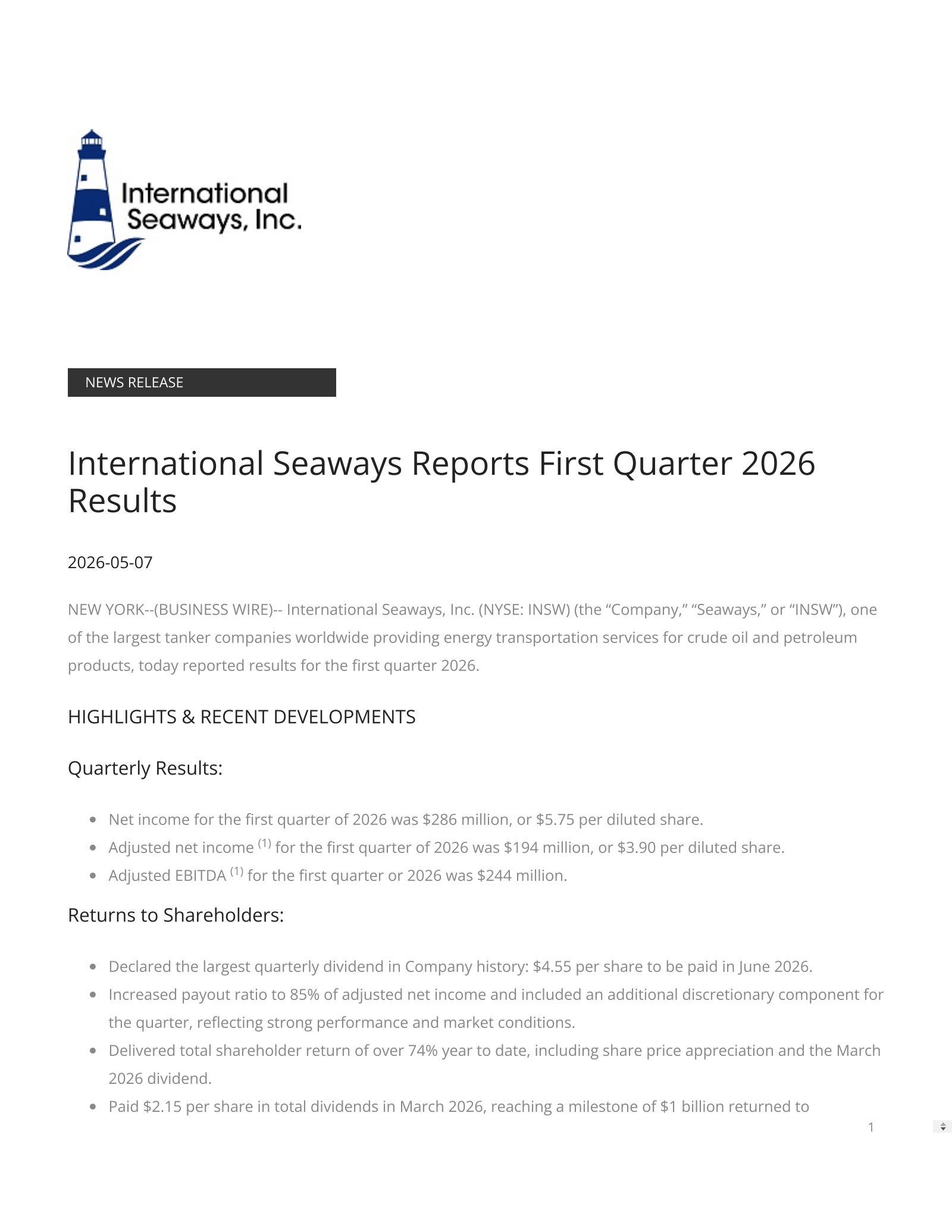 International Seaways' Q1 2026 Press Release