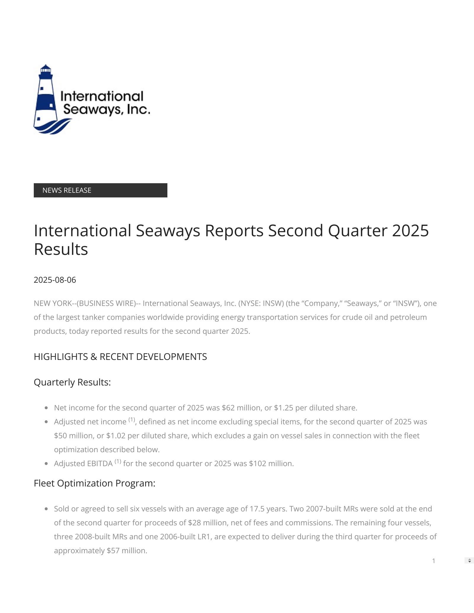 International Seaways' Q2 2025 Press Release