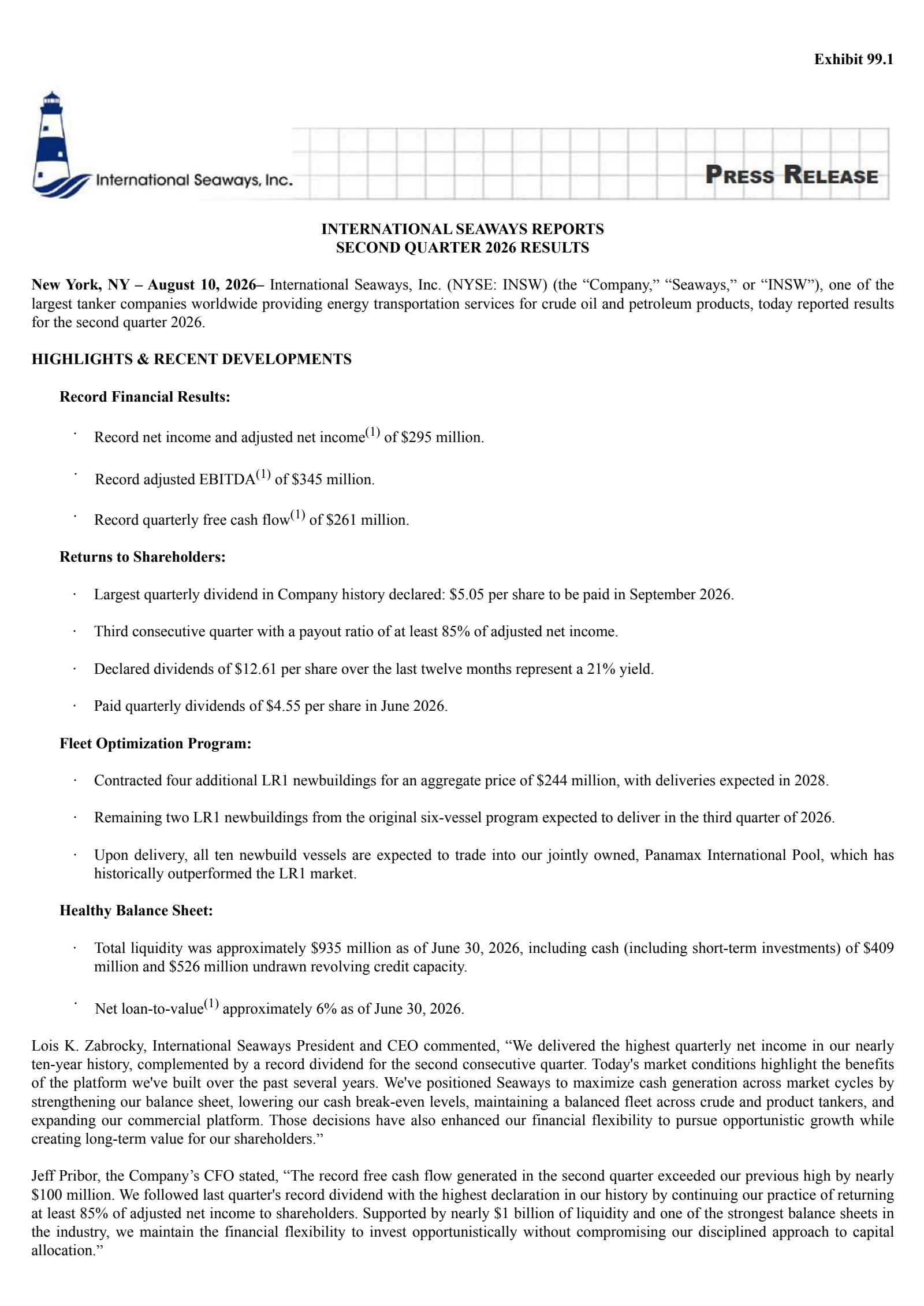 International Seaways' Q2 2026 Press Release