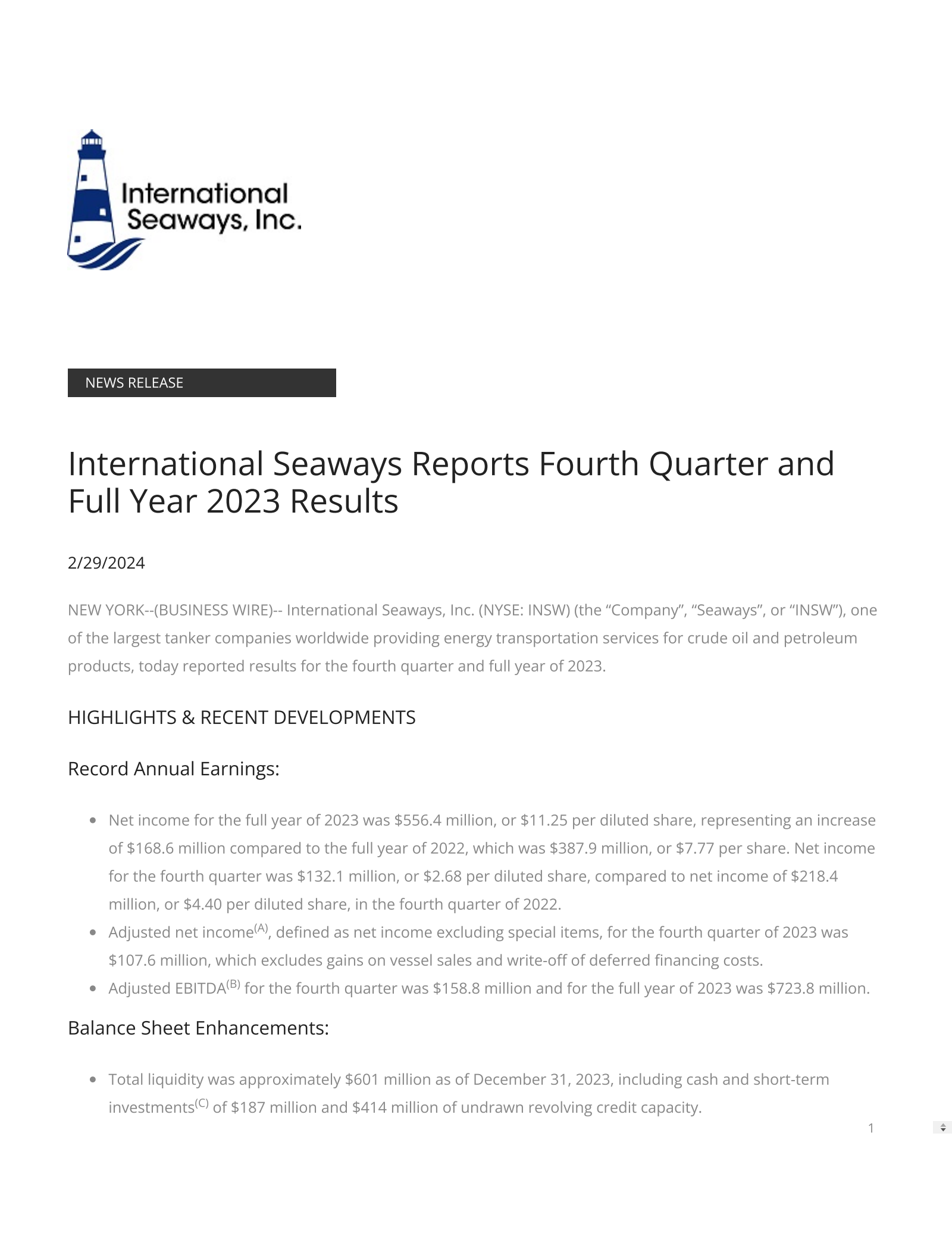 International Seaways' Q4 2023 Press Release