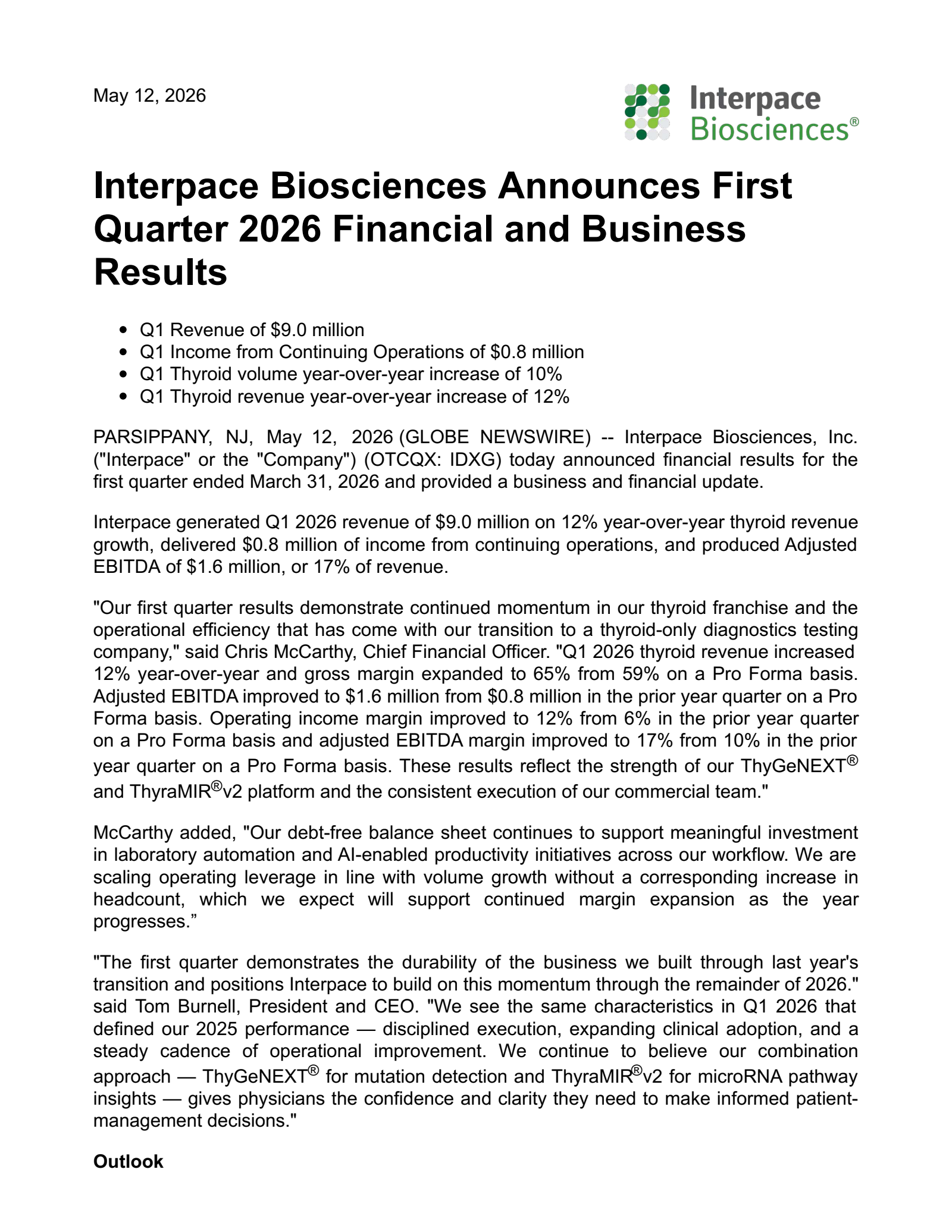 Interpace Biosciences' Q1 2026 Press Release