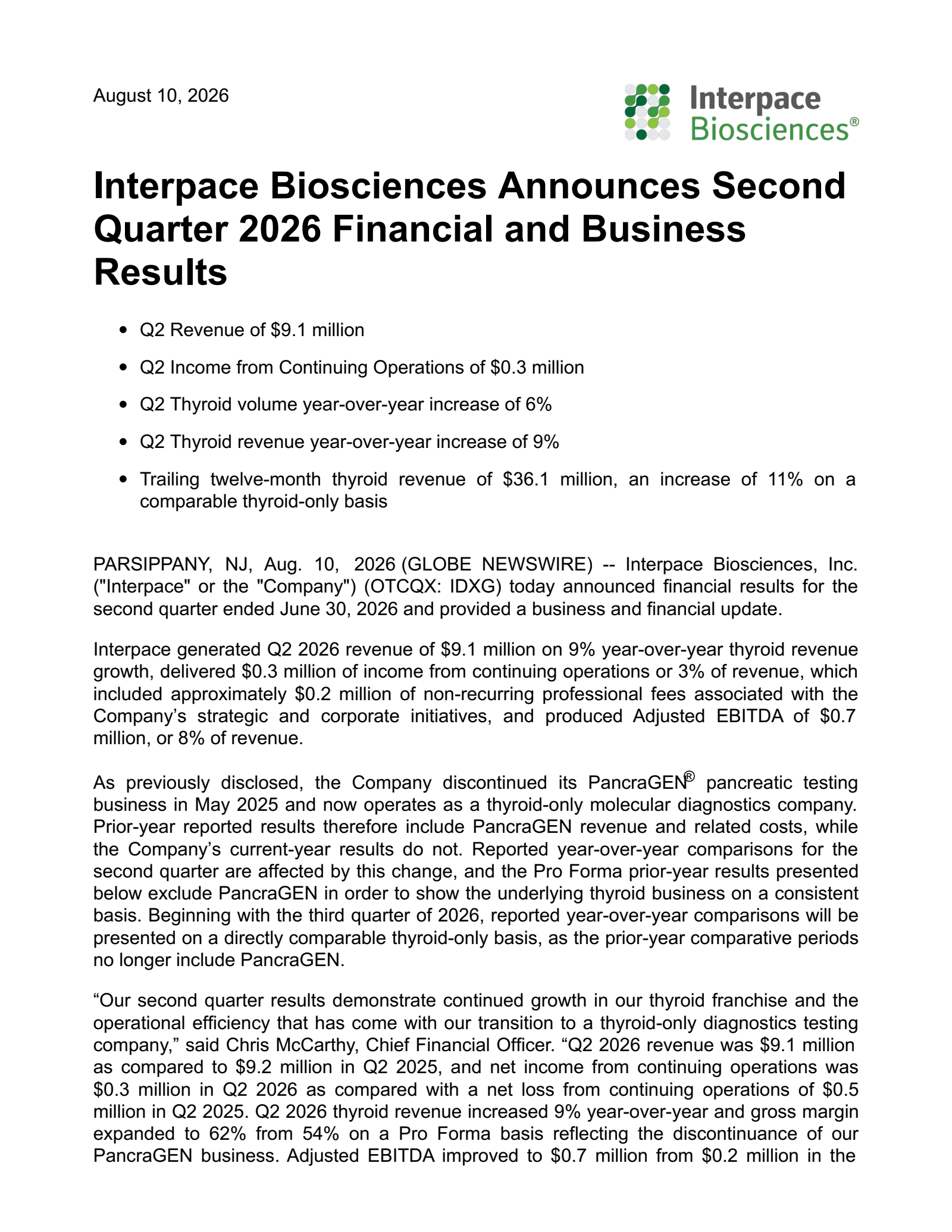 Interpace Biosciences' Q2 2026 Press Release