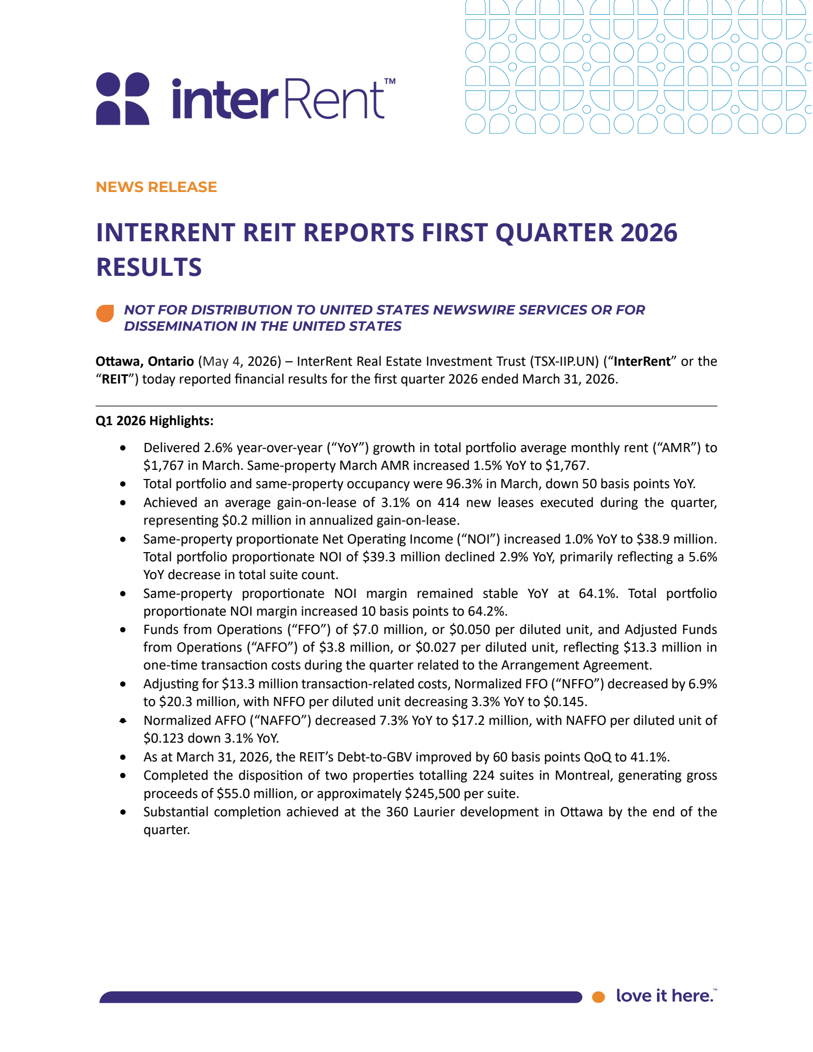 InterRent Real Estate Investment Trust's Q1 2026 Press Release