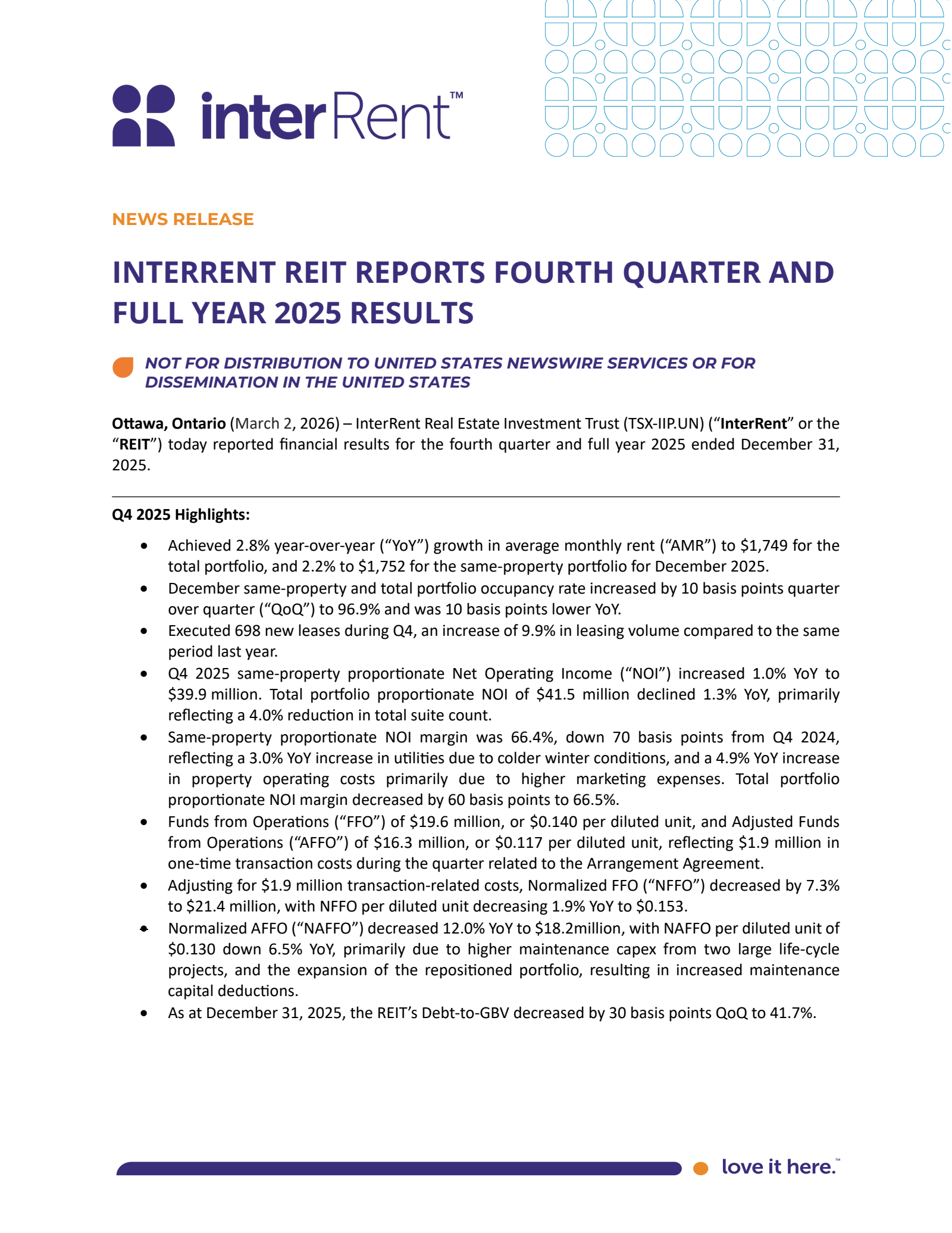 InterRent Real Estate Investment Trust's Q4 2025 Press Release