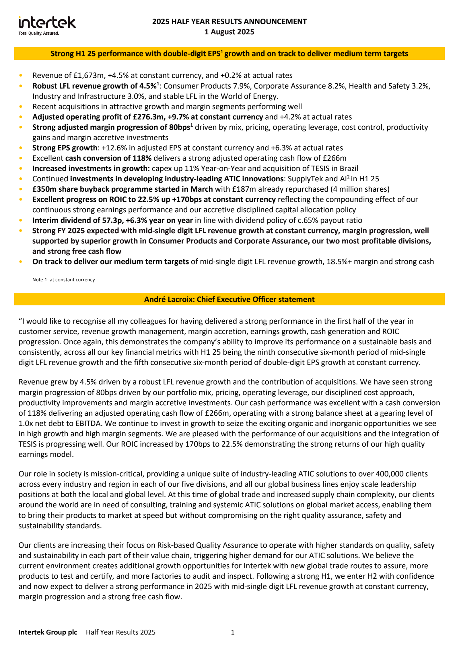 Intertek Group's H1 2025 Interim report