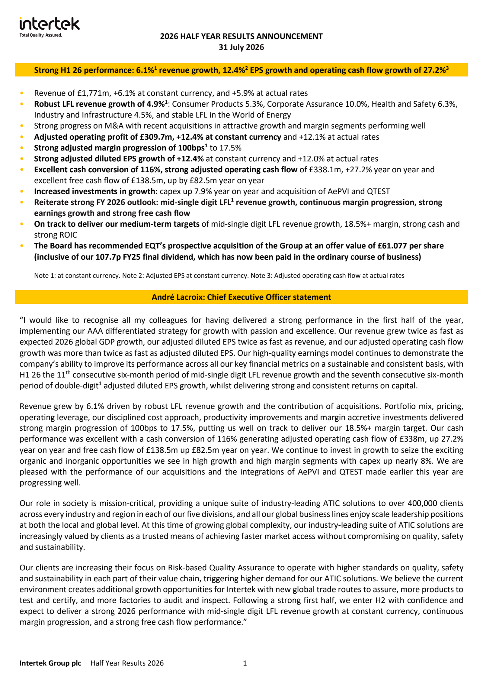 Intertek Group's H1 2026 Interim report