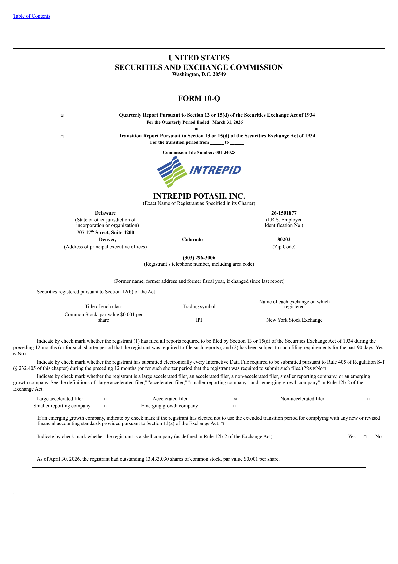Intrepid Potash's Q1 2026 Quarterly report