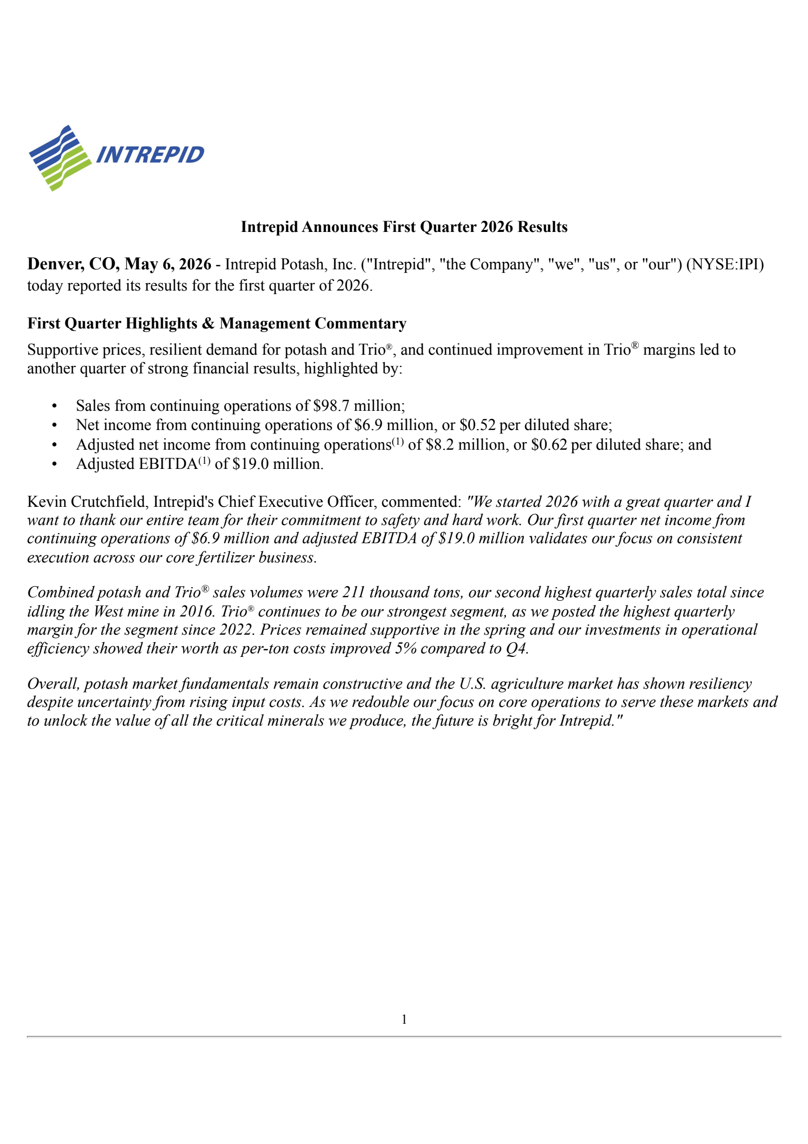 Intrepid Potash's Q1 2026 Press Release