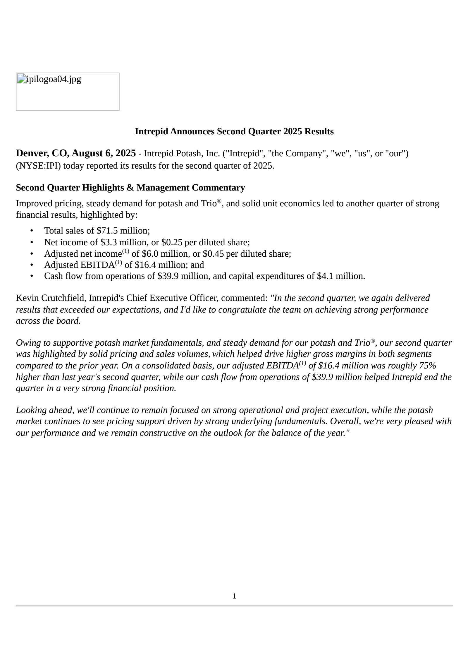 Intrepid Potash's Q2 2025 Press Release