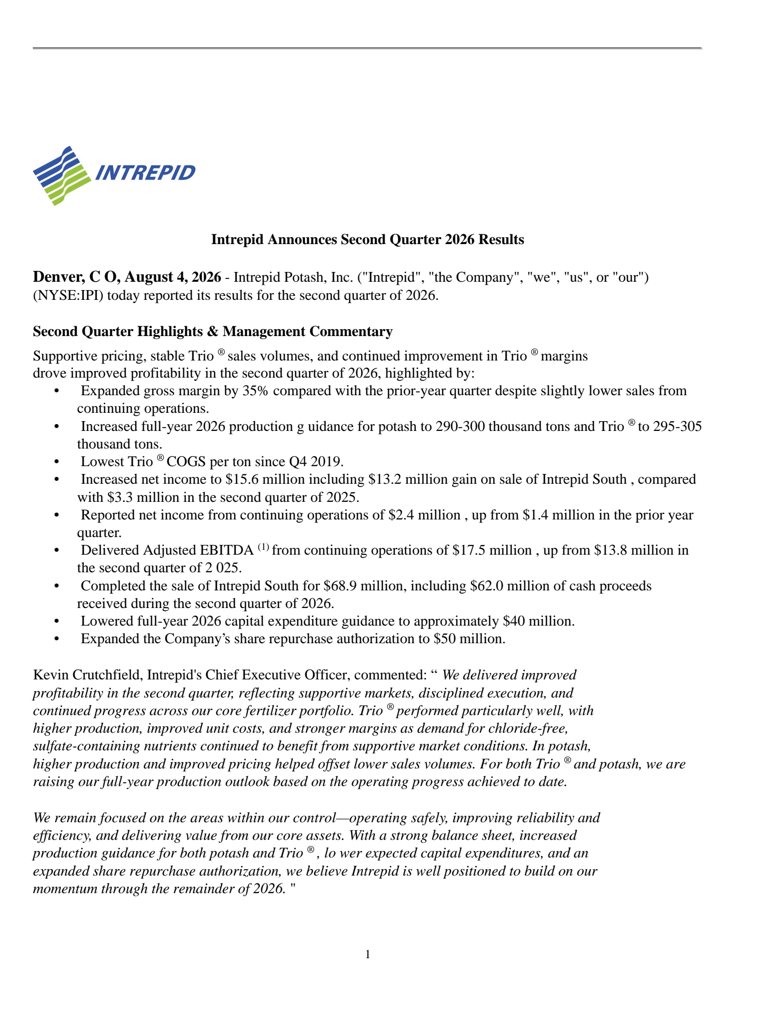 Intrepid Potash's Q2 2026 Press Release