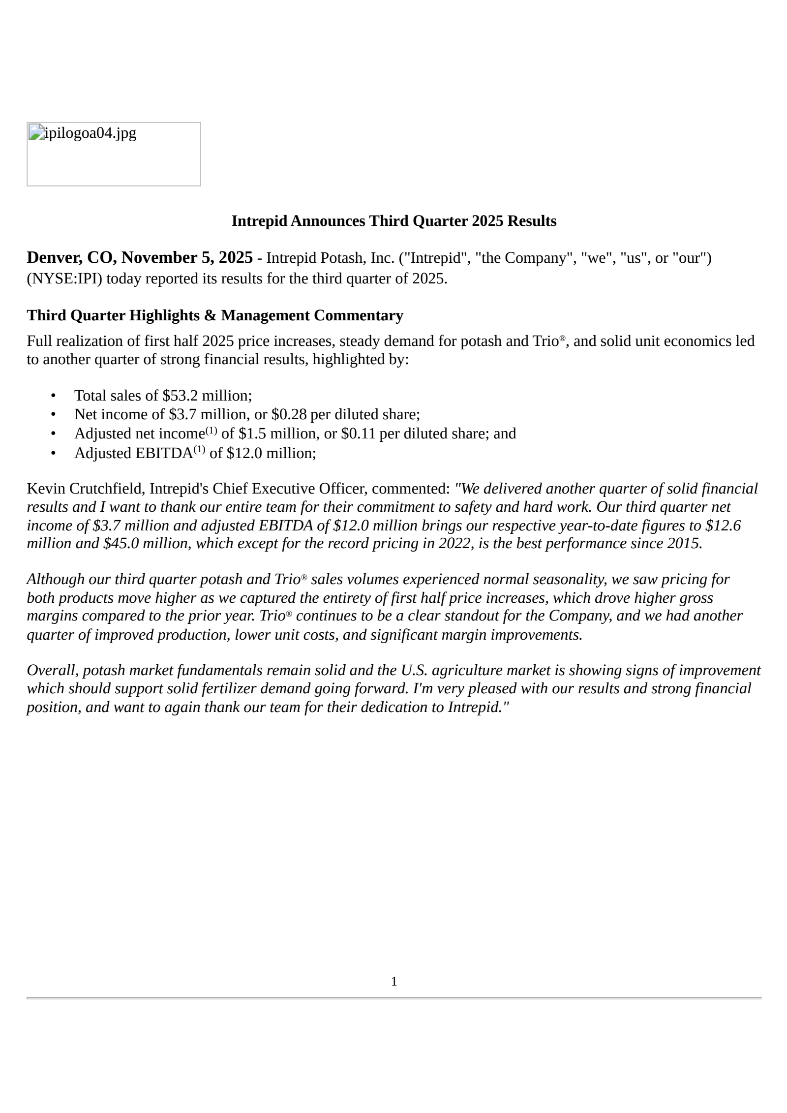 Intrepid Potash's Q3 2025 Earnings Release
