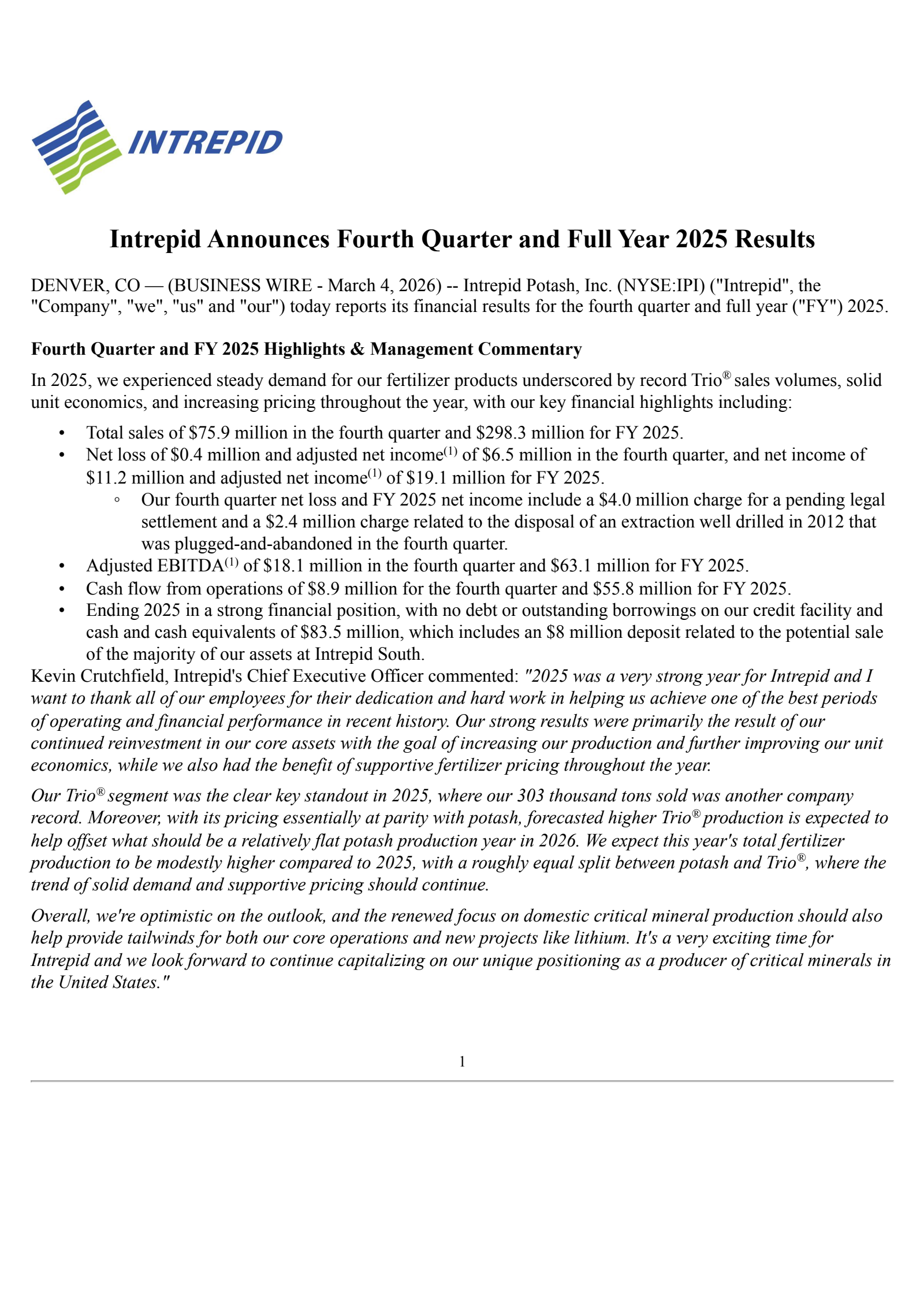 Intrepid Potash's Q4 2025 Press Release