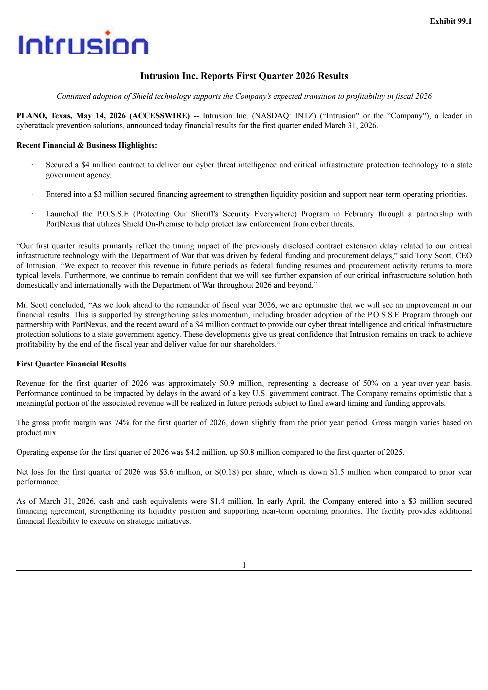 Intrusion's Q1 2026 Press Release