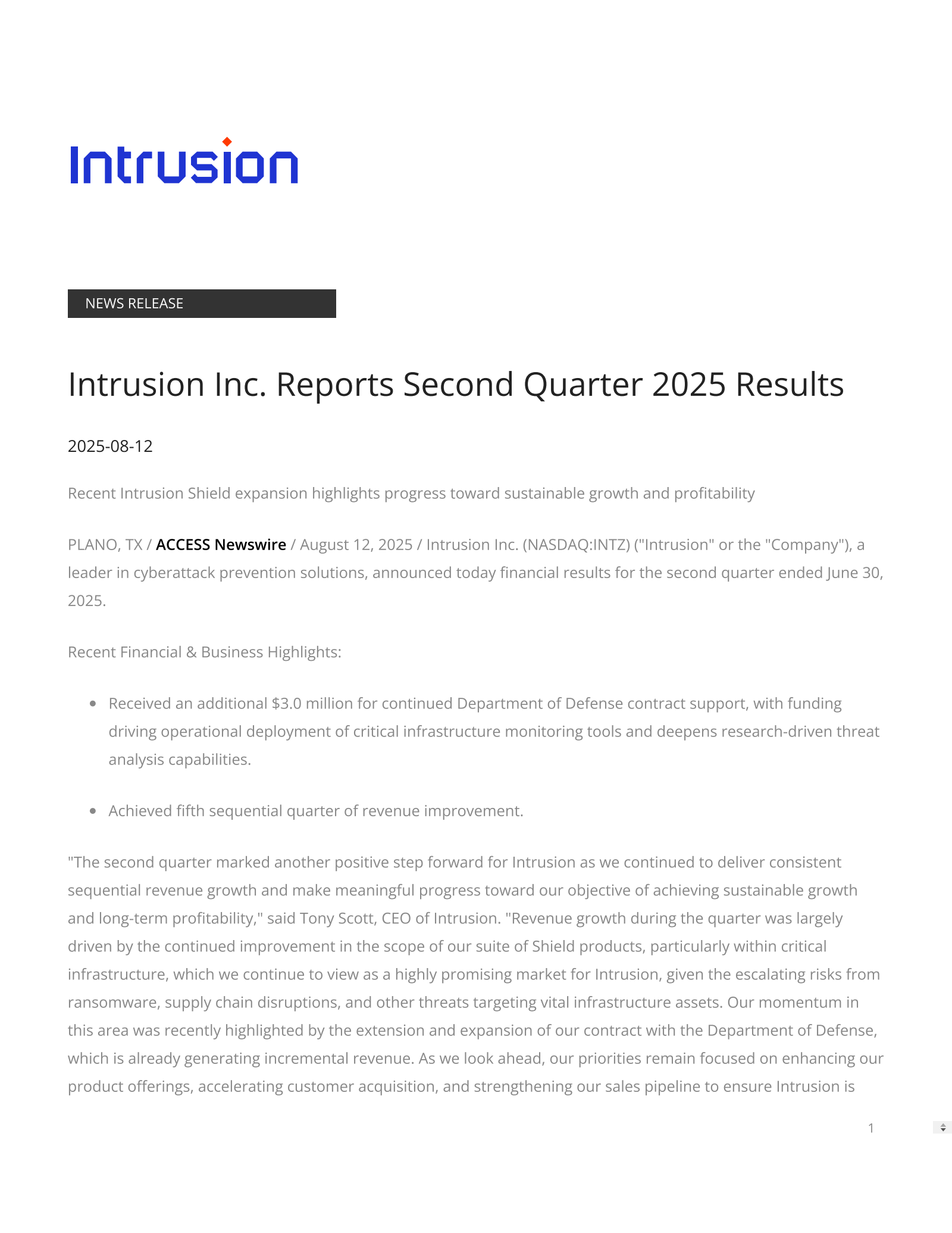 Intrusion's Q2 2025 Press Release