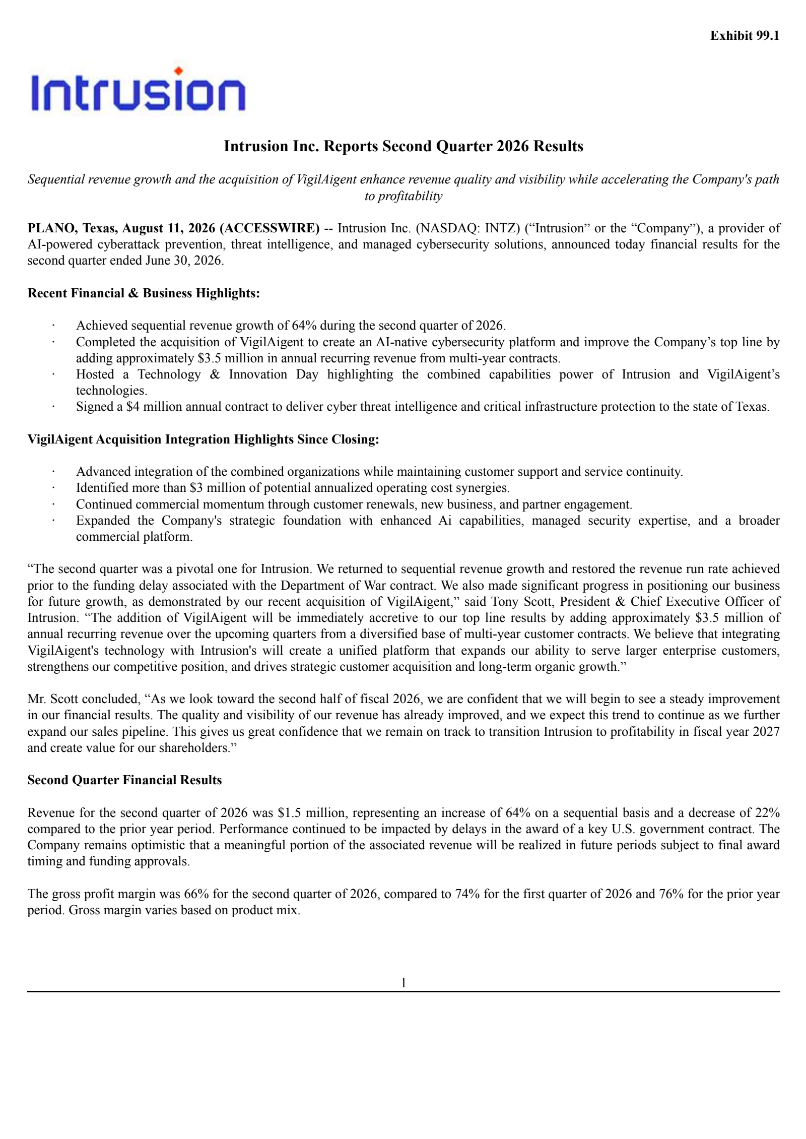 Intrusion's Q2 2026 Press Release